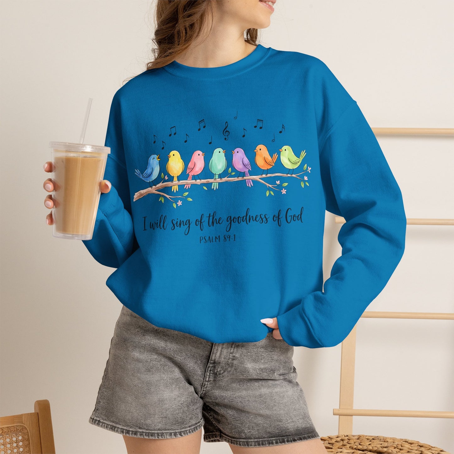 GILDAN - Psalm 89:1 Birds Crewneck Sweatshirt — I Will Sing of the Goodness of God Christian Sweatshirt