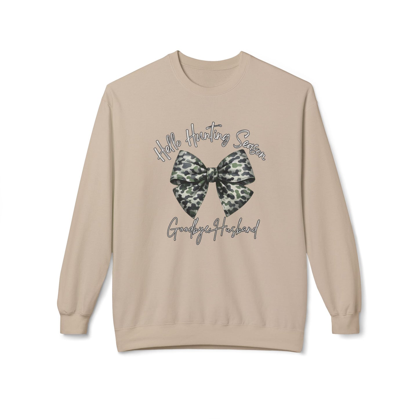 GILDAN - Crewneck Sweatshirt - 'Hate Hunting Season, Goodbye Husband' Camo Bow Graphic