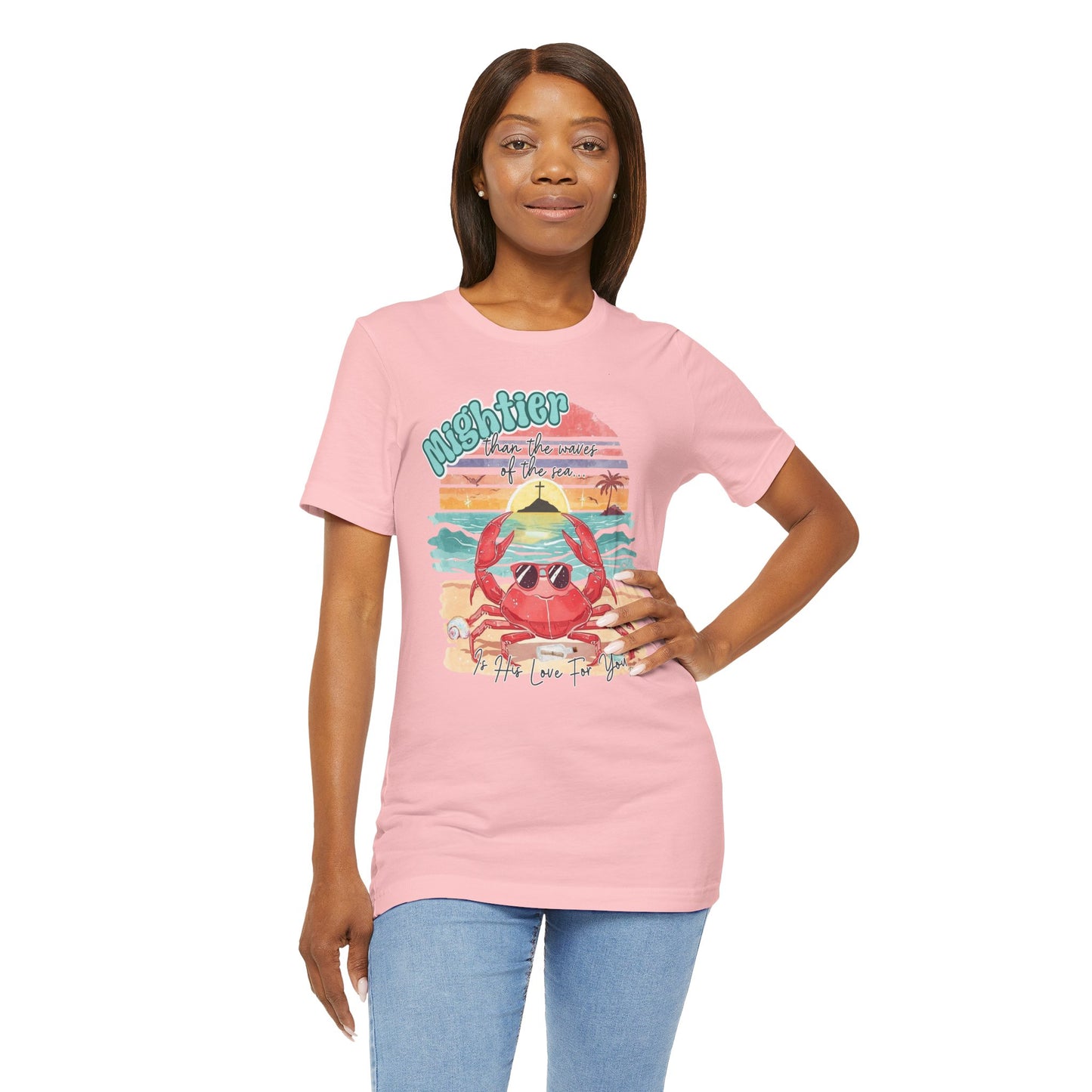 BELLA CANVAS  - Crabby Beach Vibes T‑Shirt — "Mightier" Retro Sunset Crab Tee