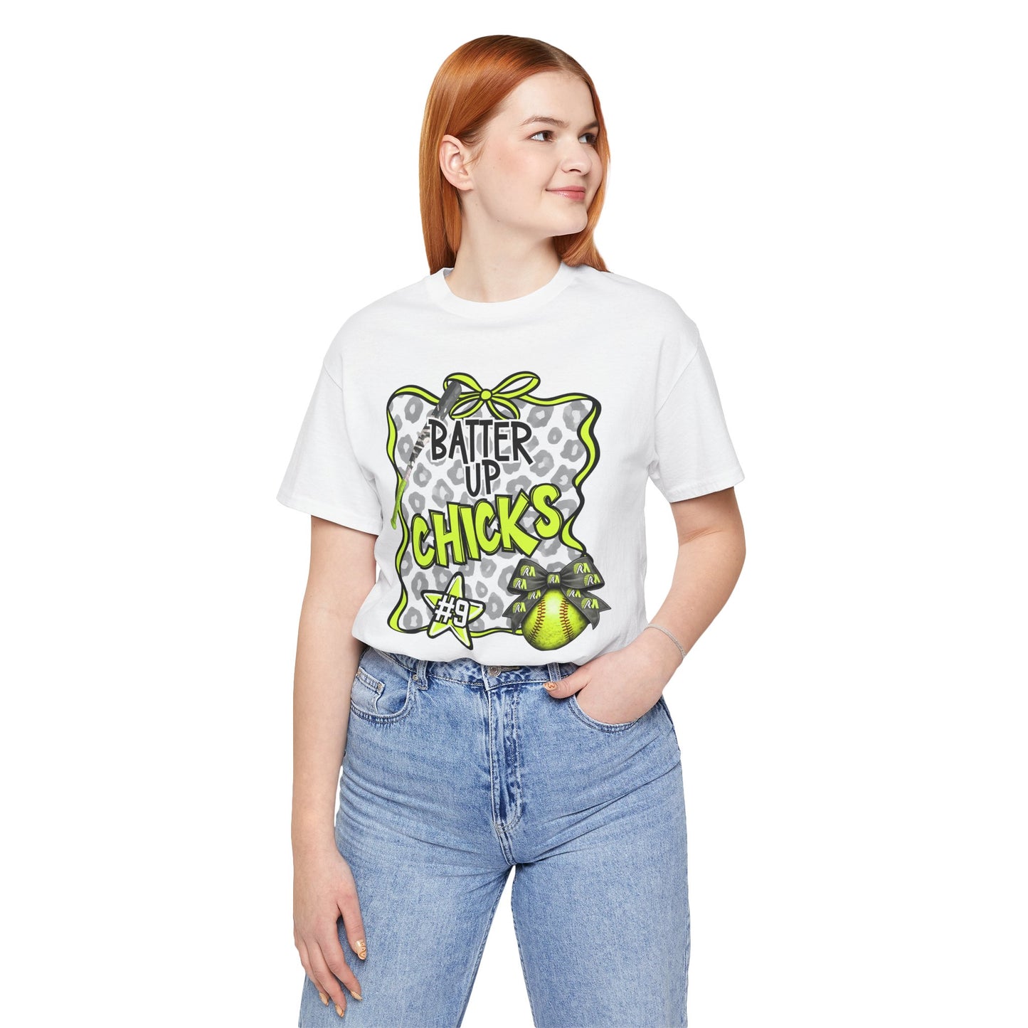 ***NEED TO PERSONALIZE THIS ? DO NOT ORDER THIS SHIRT - CONTACT ME @REFININGFAITHCOMPANY@GMAIL.COM TO PERSONALIZE THIS ***  - Batter Up Chicks Softball T-Shirt — "Batter Up Chicks #9" Neon Green Team...