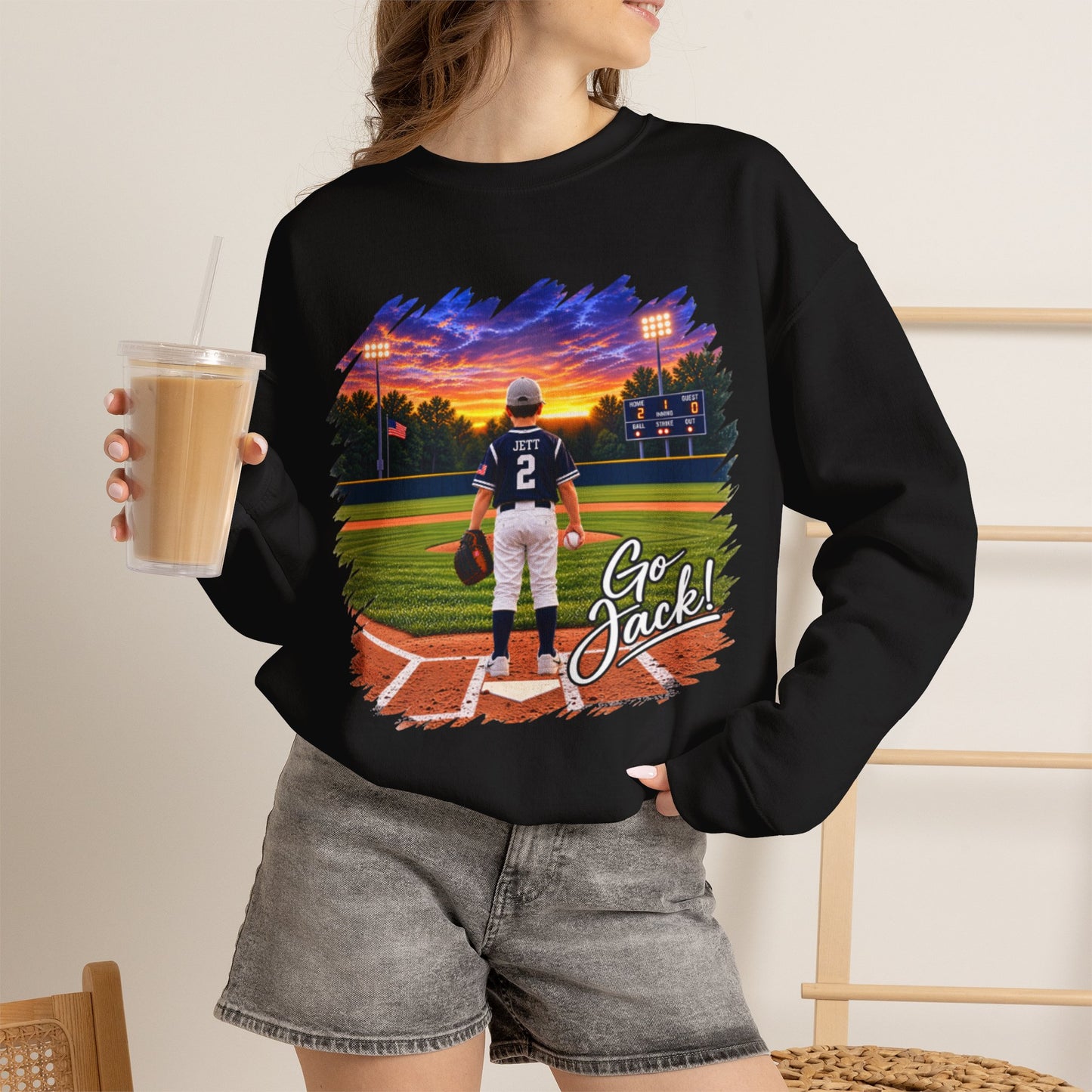 *** SPECIAL REQUEST - MORGAN JETT - GILDAN - Baseball Player Sunset Crewneck Sweatshirt — "Go Jack!" Team Spirit Crew