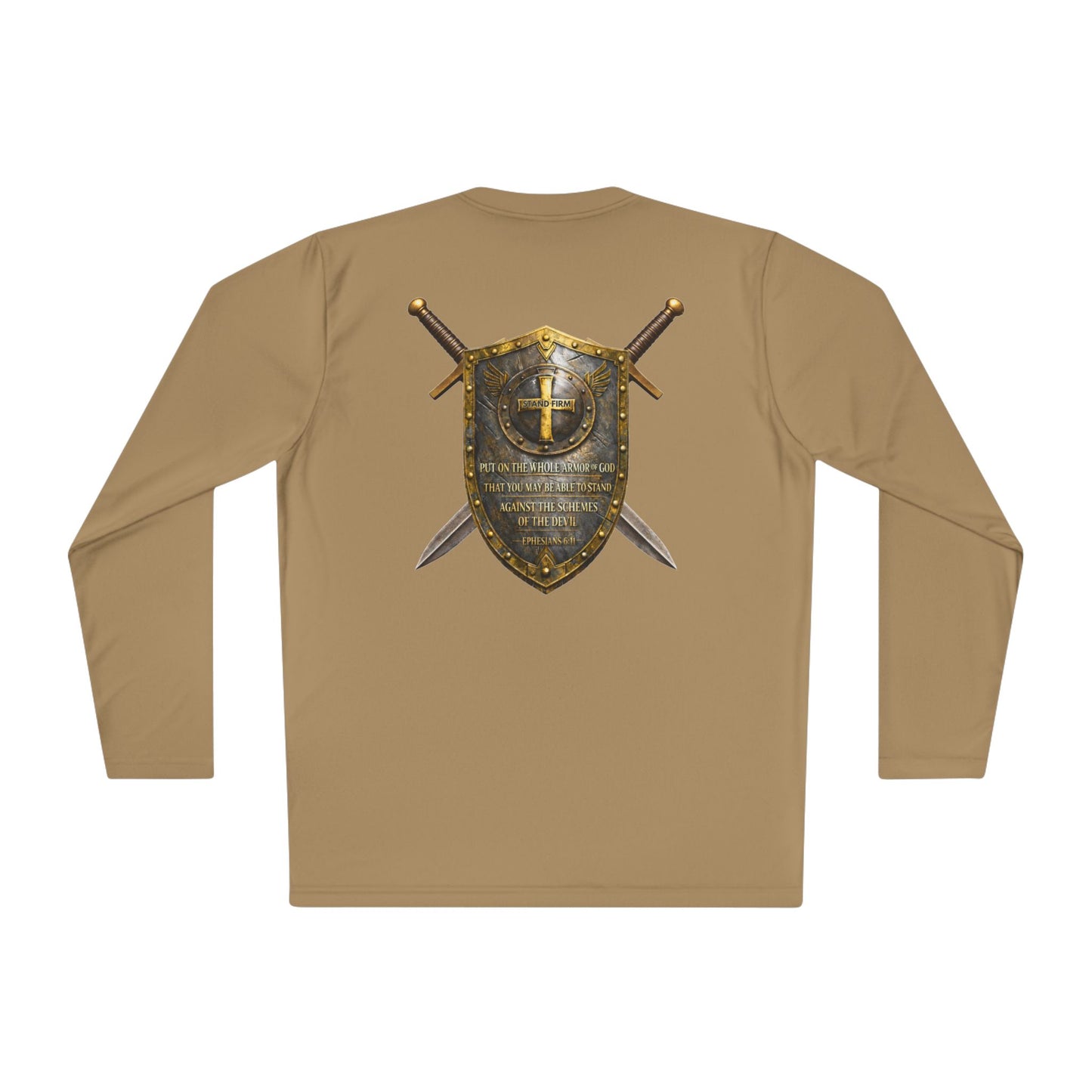 Christian Shield & Swords Long Sleeve Tee — "Get Down on Your Knees" Faith Graphic