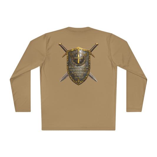 Christian Shield & Swords Long Sleeve Tee — "Get Down on Your Knees" Faith Graphic