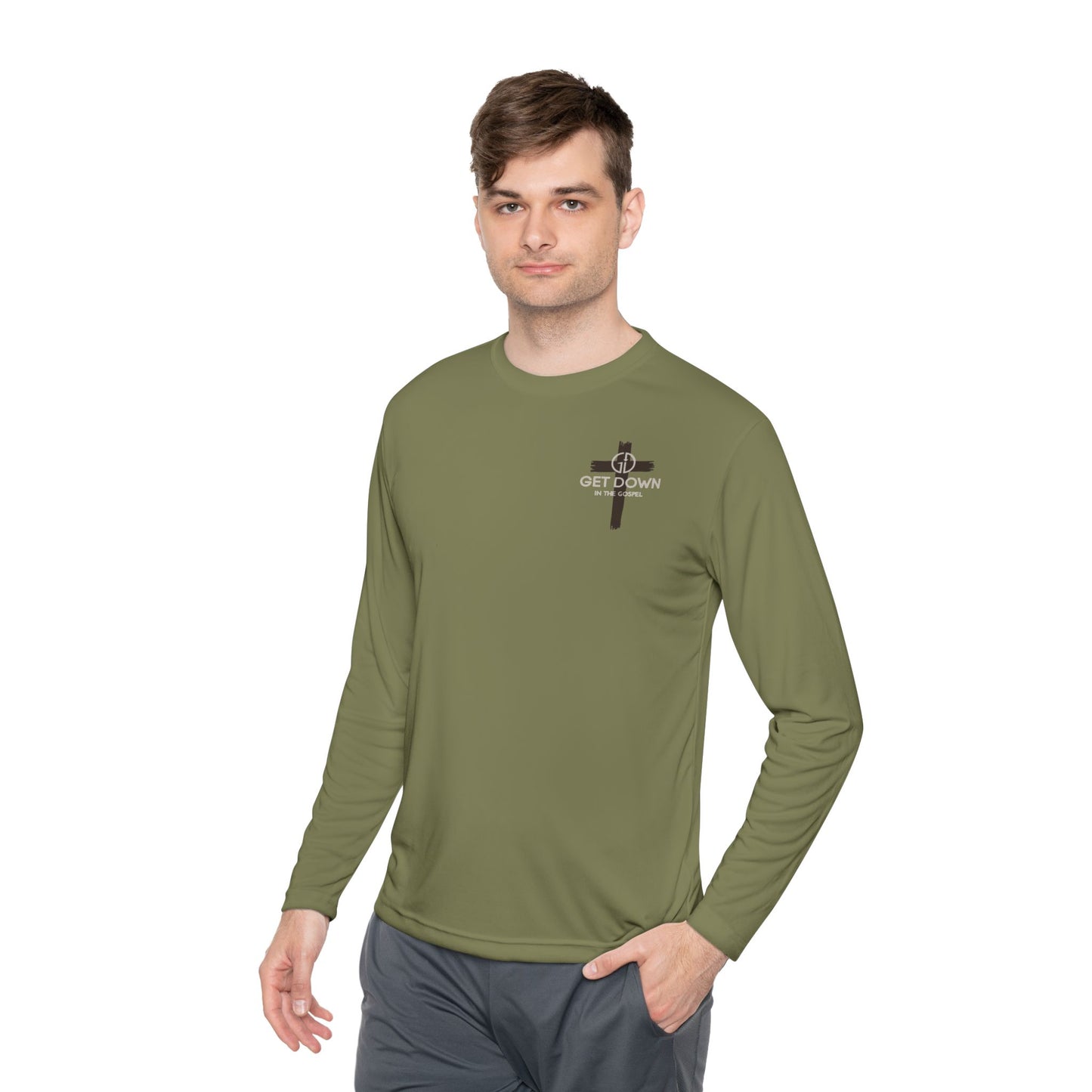 Christian Shield & Swords Long Sleeve Tee — "Get Down on Your Knees" Faith Graphic