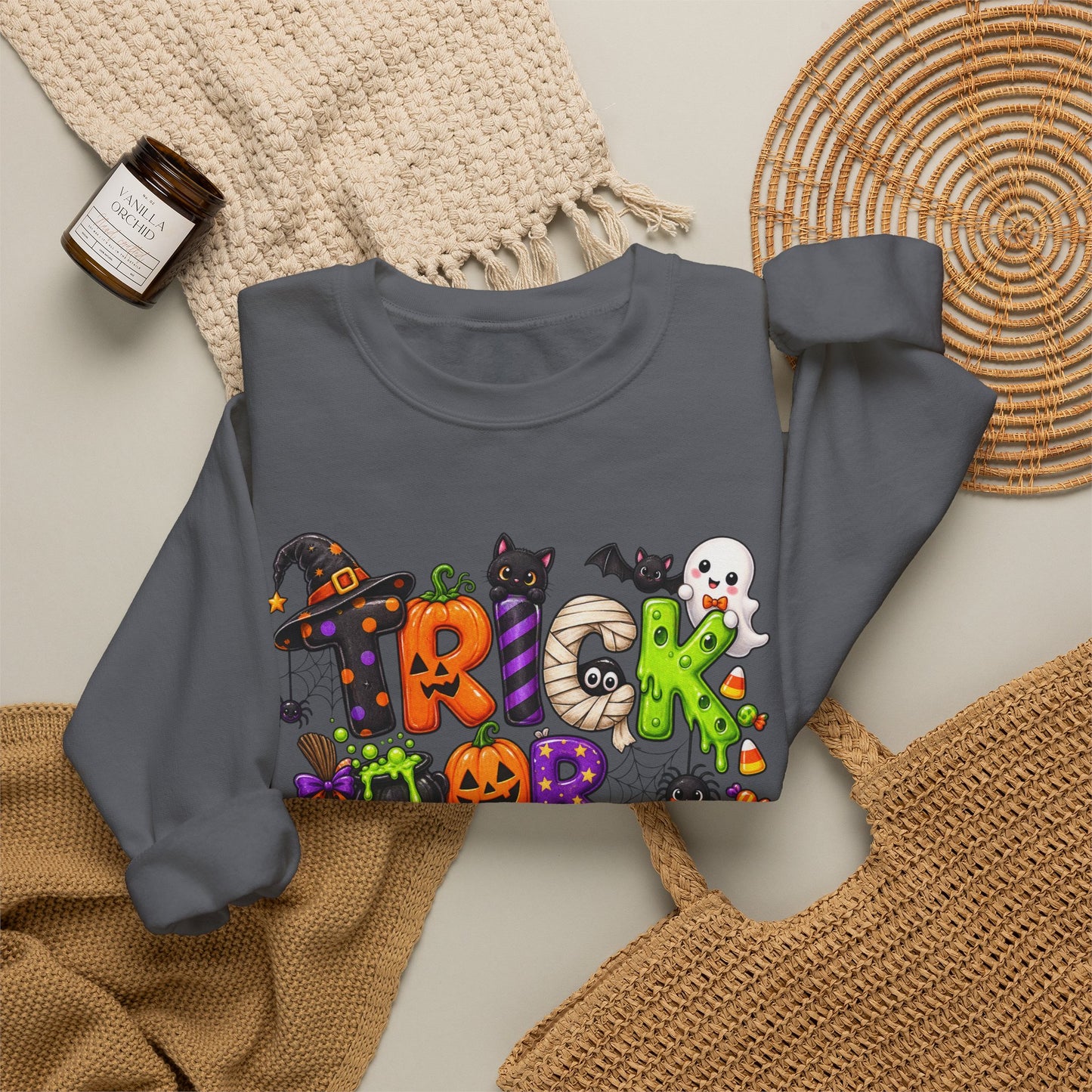 GILDAN - Halloween "Trick or Treat" Crewneck Sweatshirt - Cute Spooky Candy Graphic