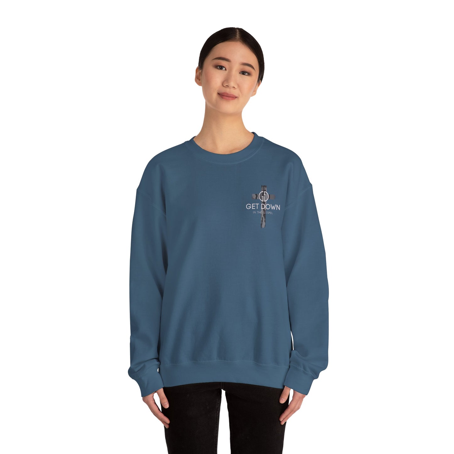 GILDAN - GET DOWN IN THE GOSPEL ADULT SWEATSHIRT GRAY CAMO CROSS