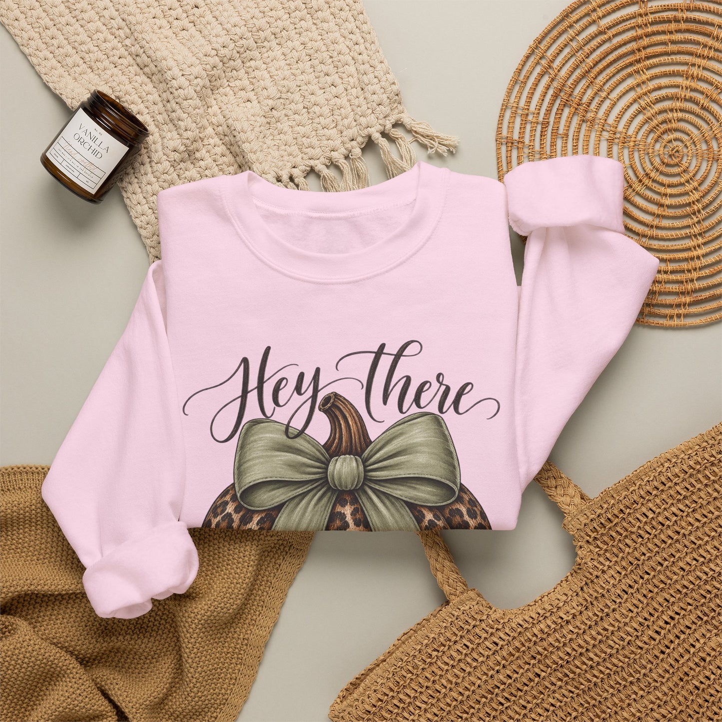 GILDAN - Hey There Pumpkin Sweatshirt — Leopard Pumpkin with Olive Bow Fall Crewneck