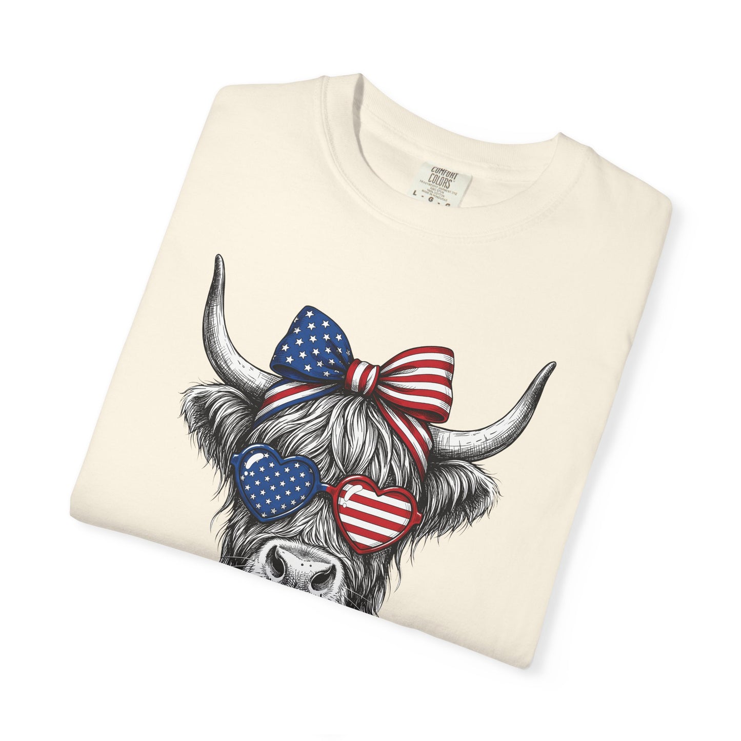 COMFORT COLORS - Patriotic Highland Cow T-Shirt — American Flag Heart Sunglasses
