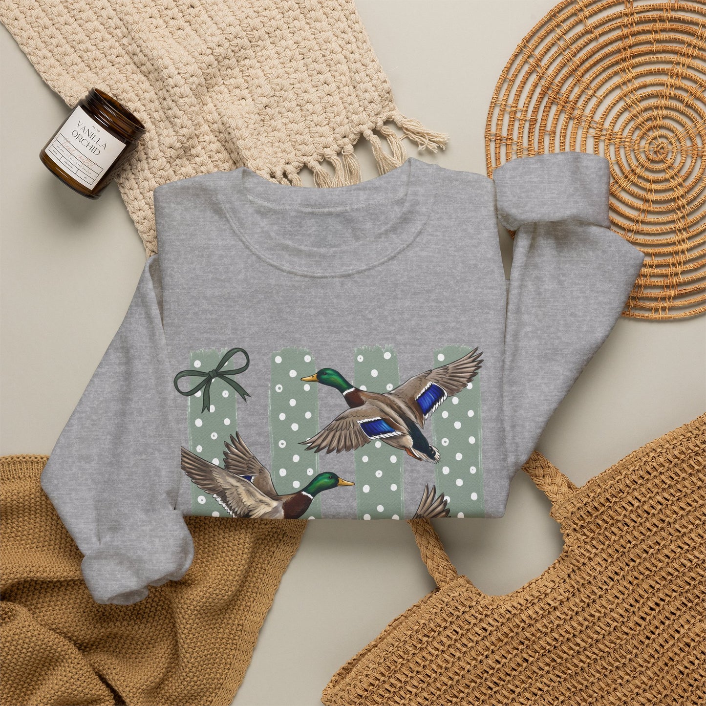 GILDAN - Mallard Duck Crewneck Sweatshirt — Polka Dot Stripe Waterfowl Graphic