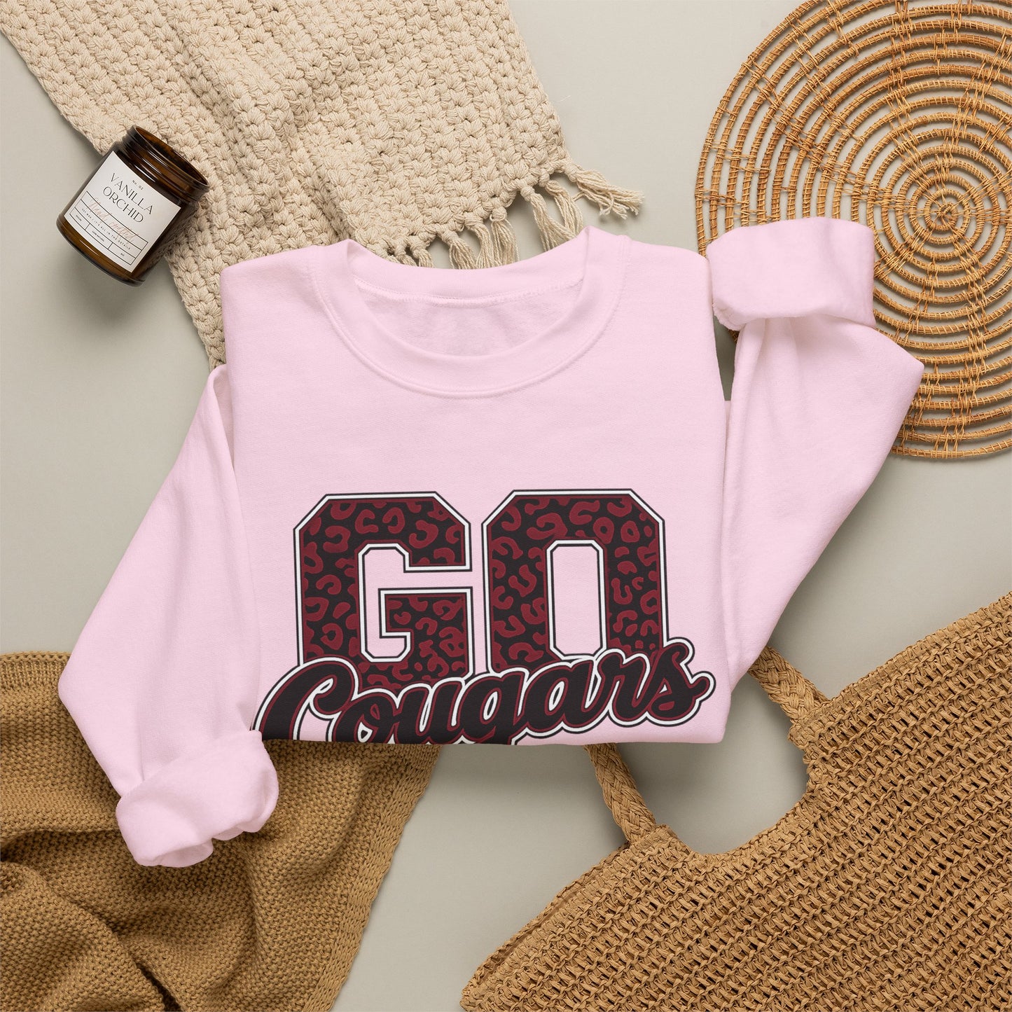Crewneck Sweatshirt — "Go Cougars" Leopard Varsity School Spirit