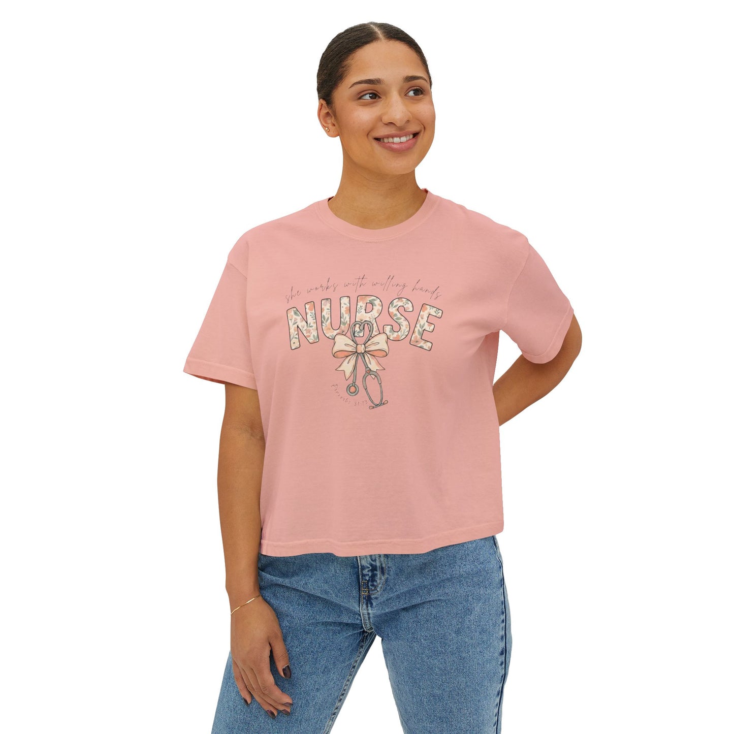 COMFORT COLOR - Nurse Boxy Tee — Floral Stethoscope Graphic for Women, "Nurse" Gift