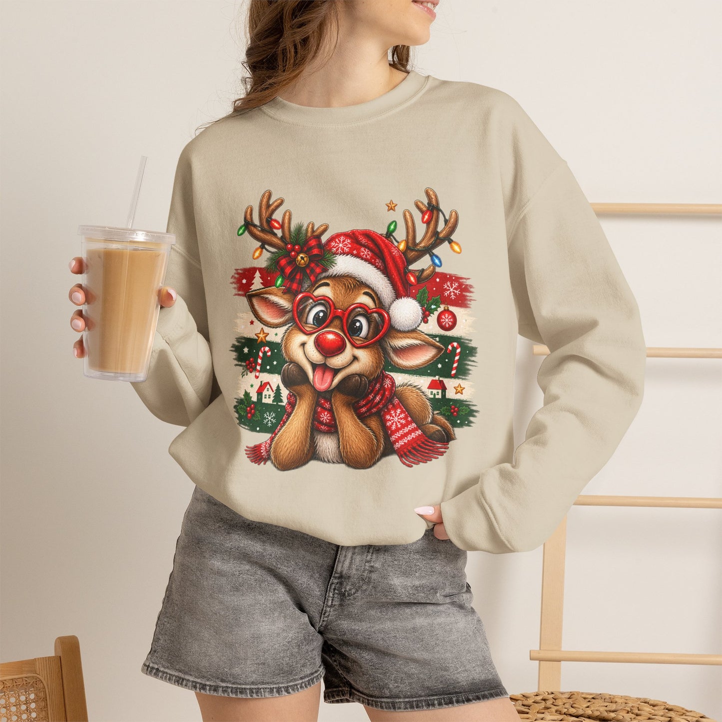 GILDAN - Cute Christmas Reindeer Crewneck Sweatshirt