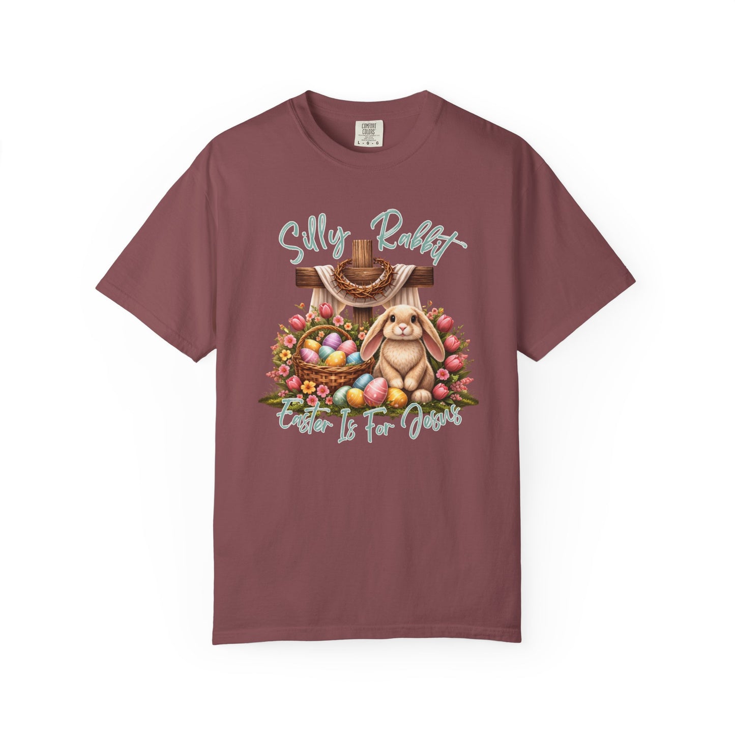 COMFORT COLORS -  Silly Rabbit Easter Bunny T-shirt | Pastel Eggs, Basket, Cross Back Print