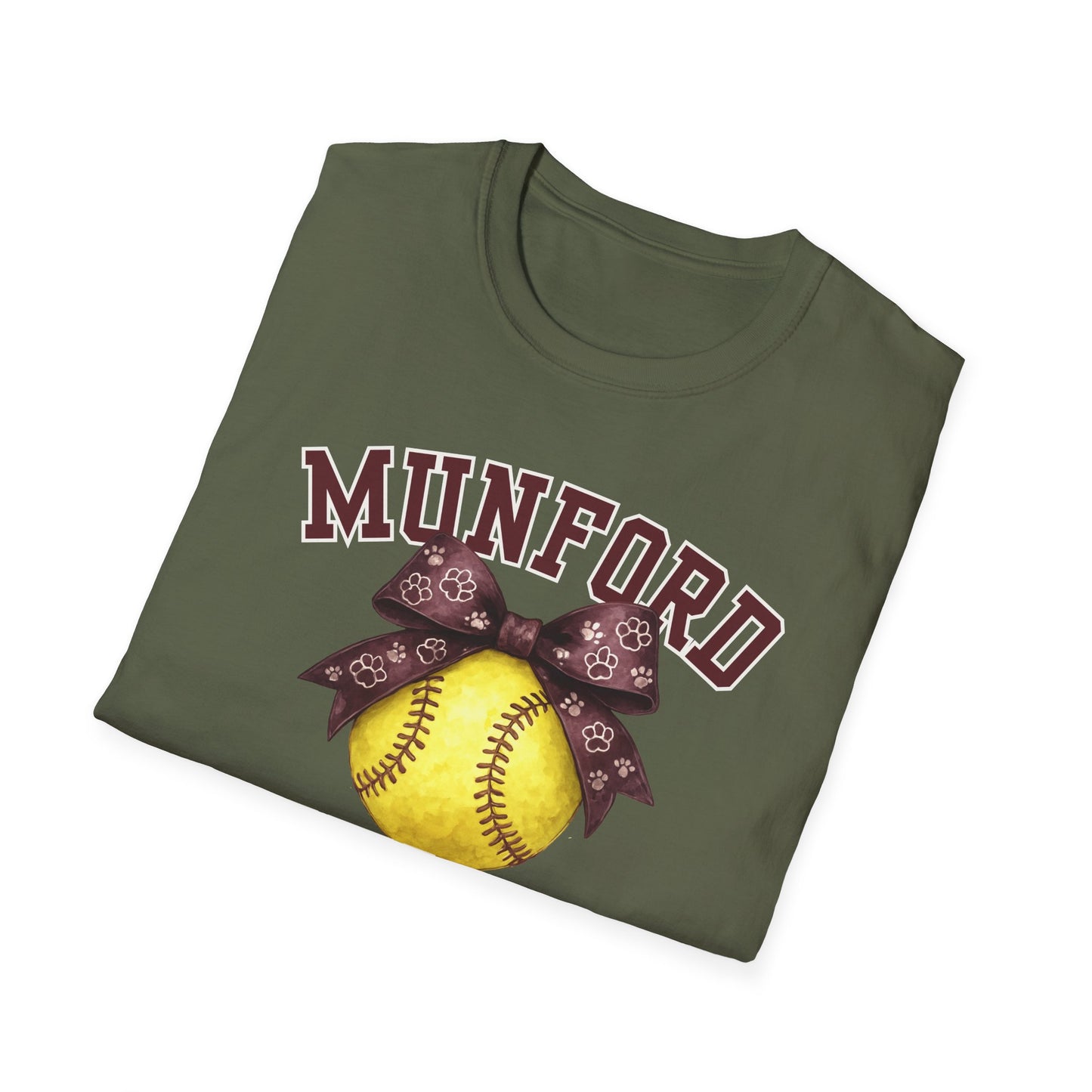 Munford Cougars Softball T-Shirt — Yellow Ball & Bow Team Tee