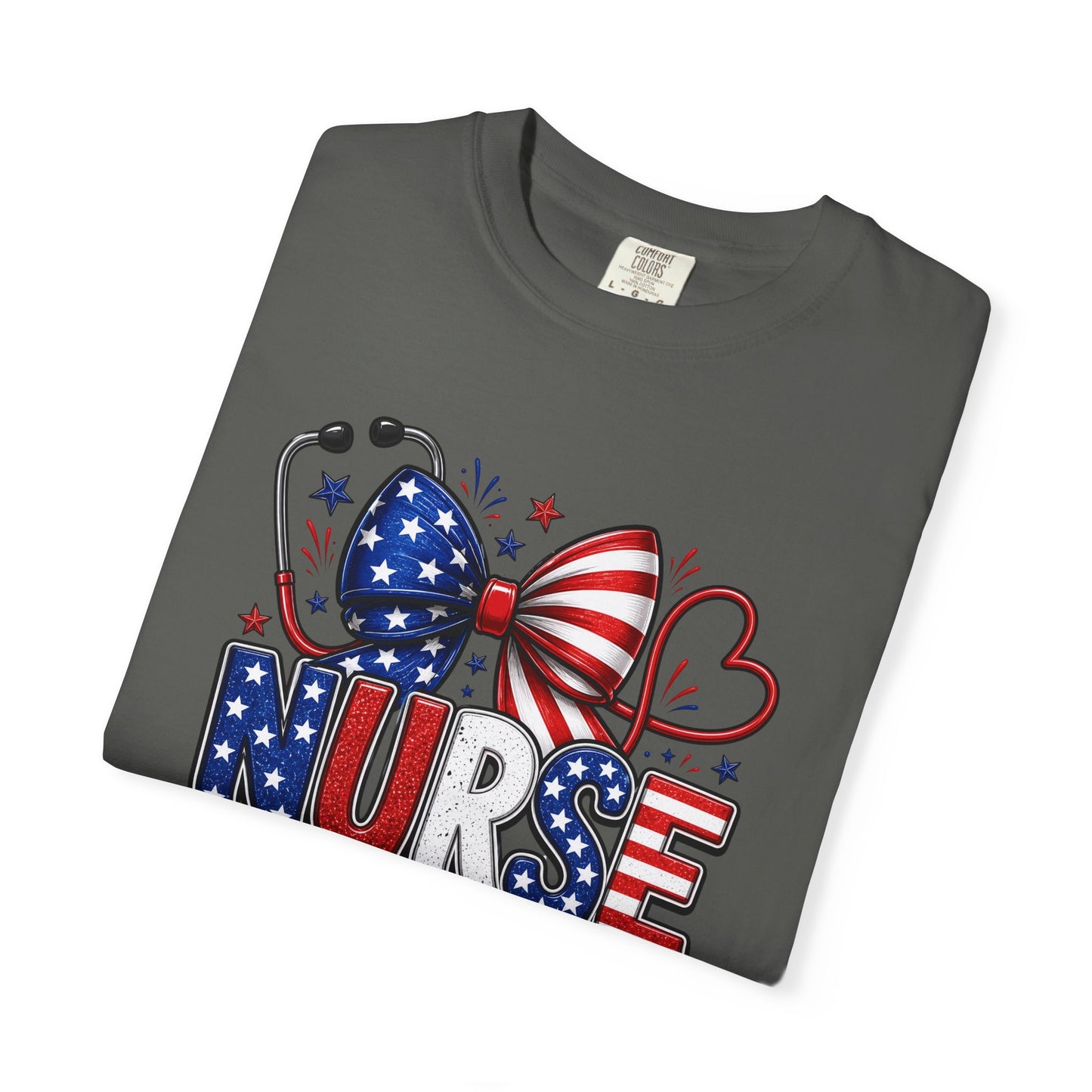 COMFORT COLORS - American Flag Nurse T-Shirt – Patriotic Stethoscope & Bow Healthcare Tee