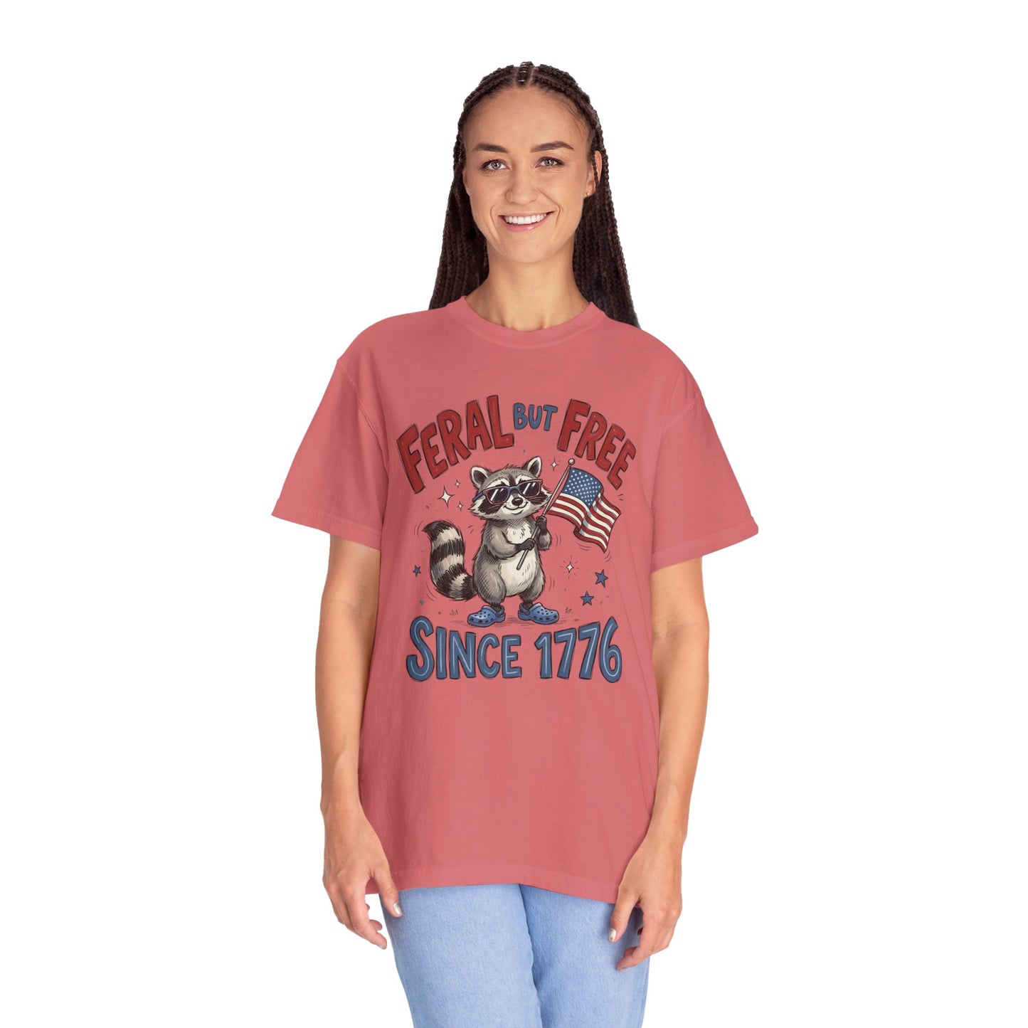 Feral But Free Since 1776 T-Shirt — Cute Raccoon American Flag Patriotic Tee