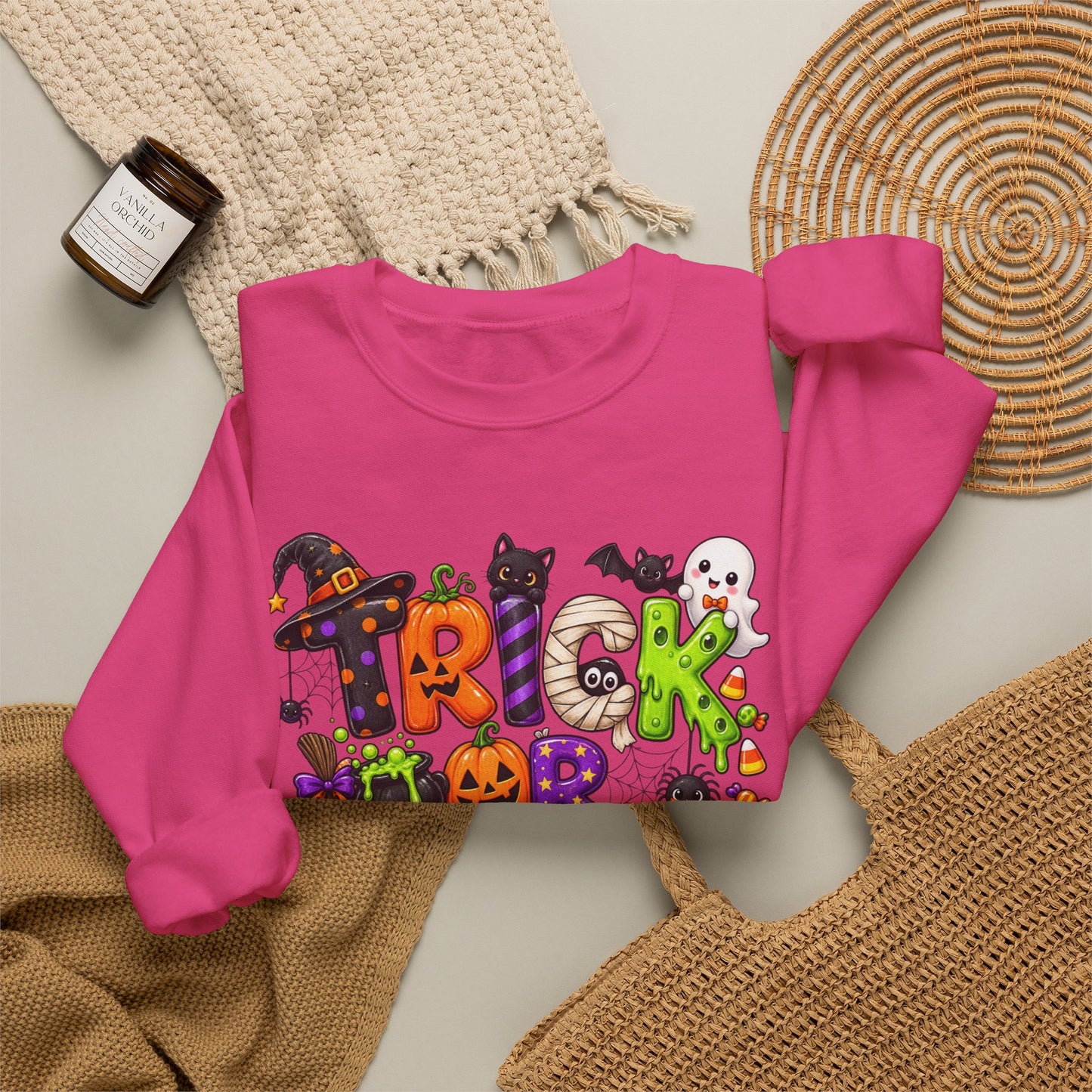 GILDAN - Halloween "Trick or Treat" Crewneck Sweatshirt - Cute Spooky Candy Graphic