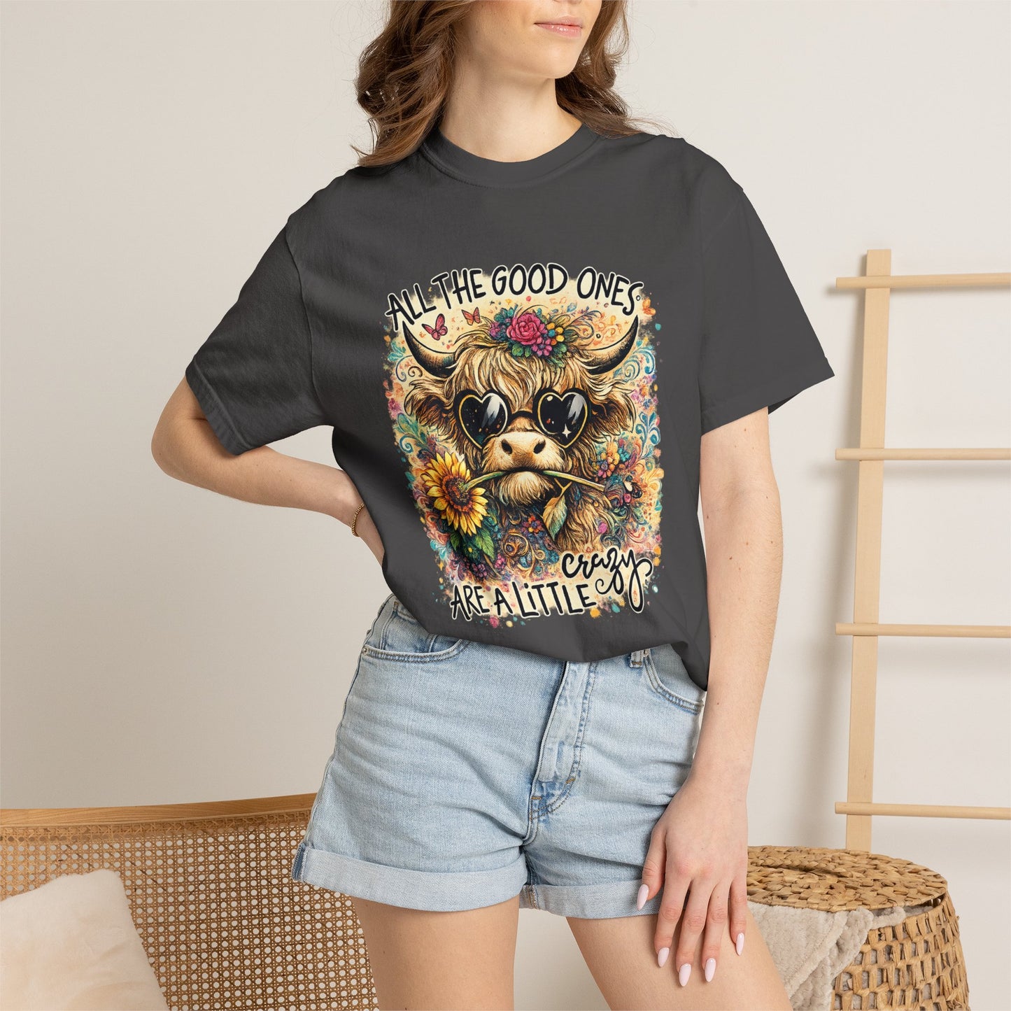 COMFORT COLORS - Cow Graphic T-Shirt — "All the Good Ones Are a Little Crazy" Floral Sunflower Design
