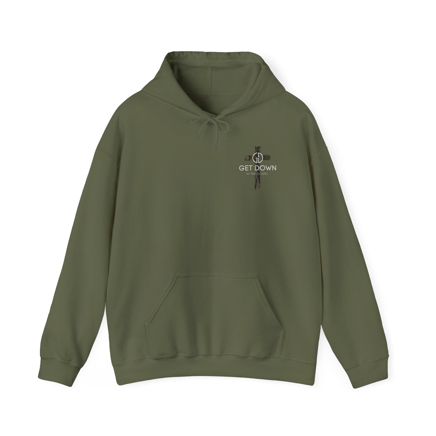 GET DOWN IN THE GOSPEL ADULT HOODIE GREEN CAMO CROSS