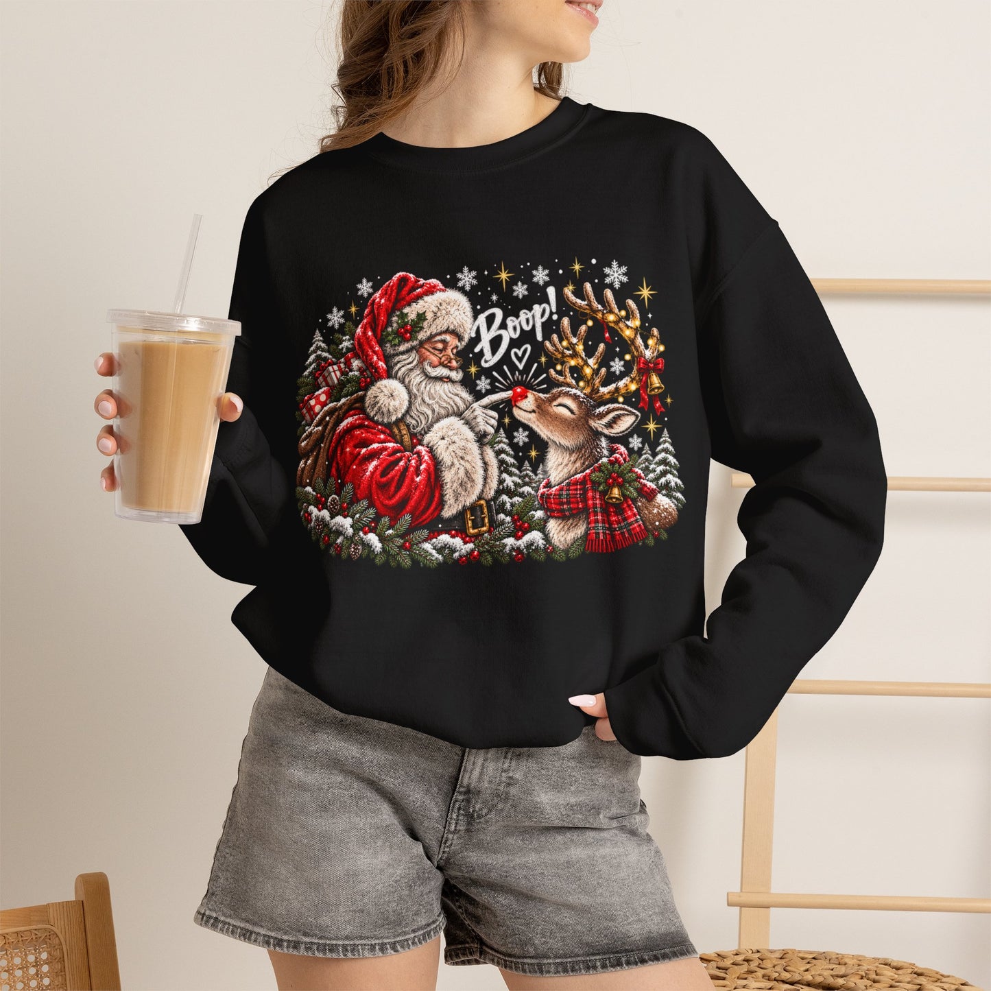 GILDAN - Christmas Santa and Reindeer Crewneck Sweatshirt
