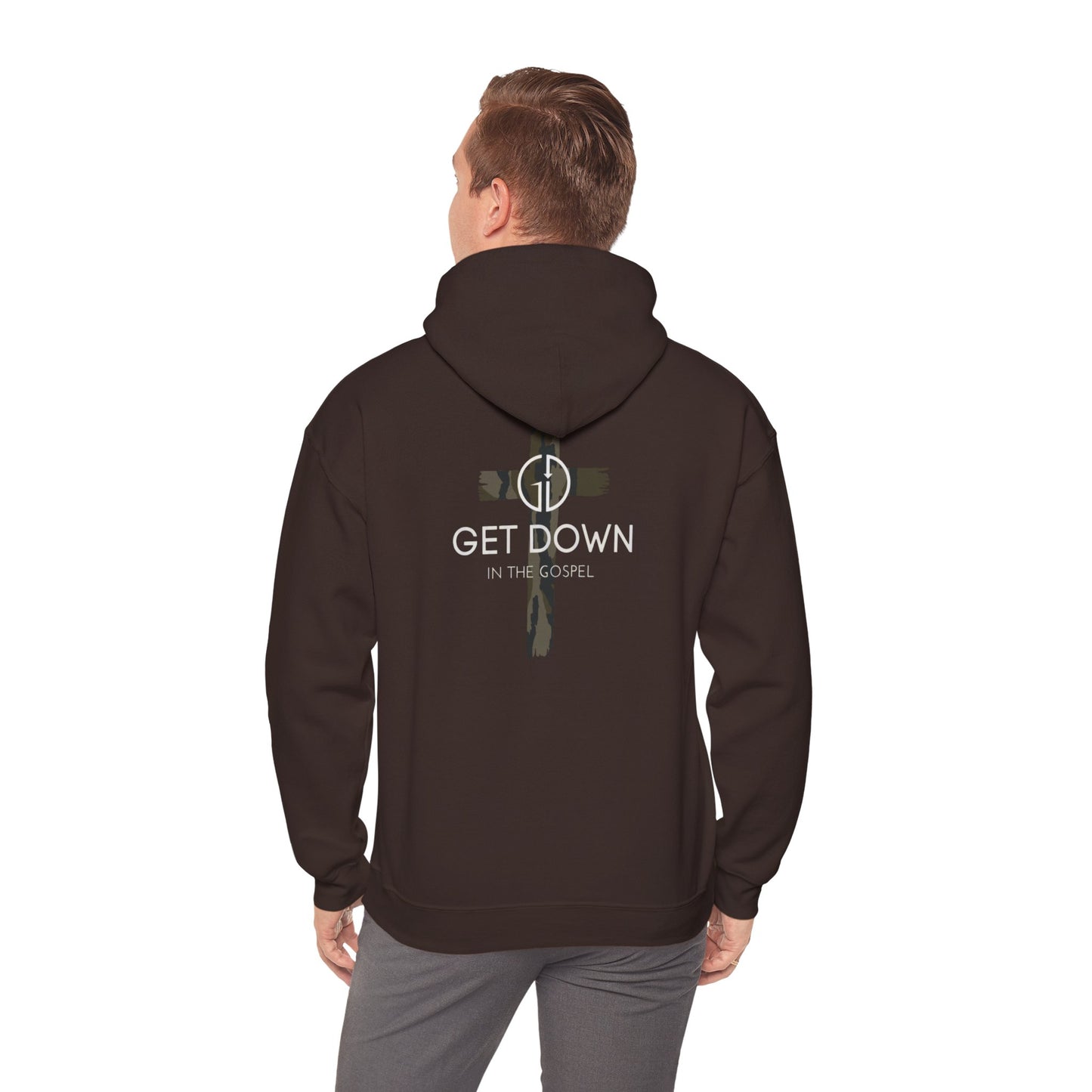 GET DOWN IN THE GOSPEL ADULT HOODIE GREEN CAMO CROSS