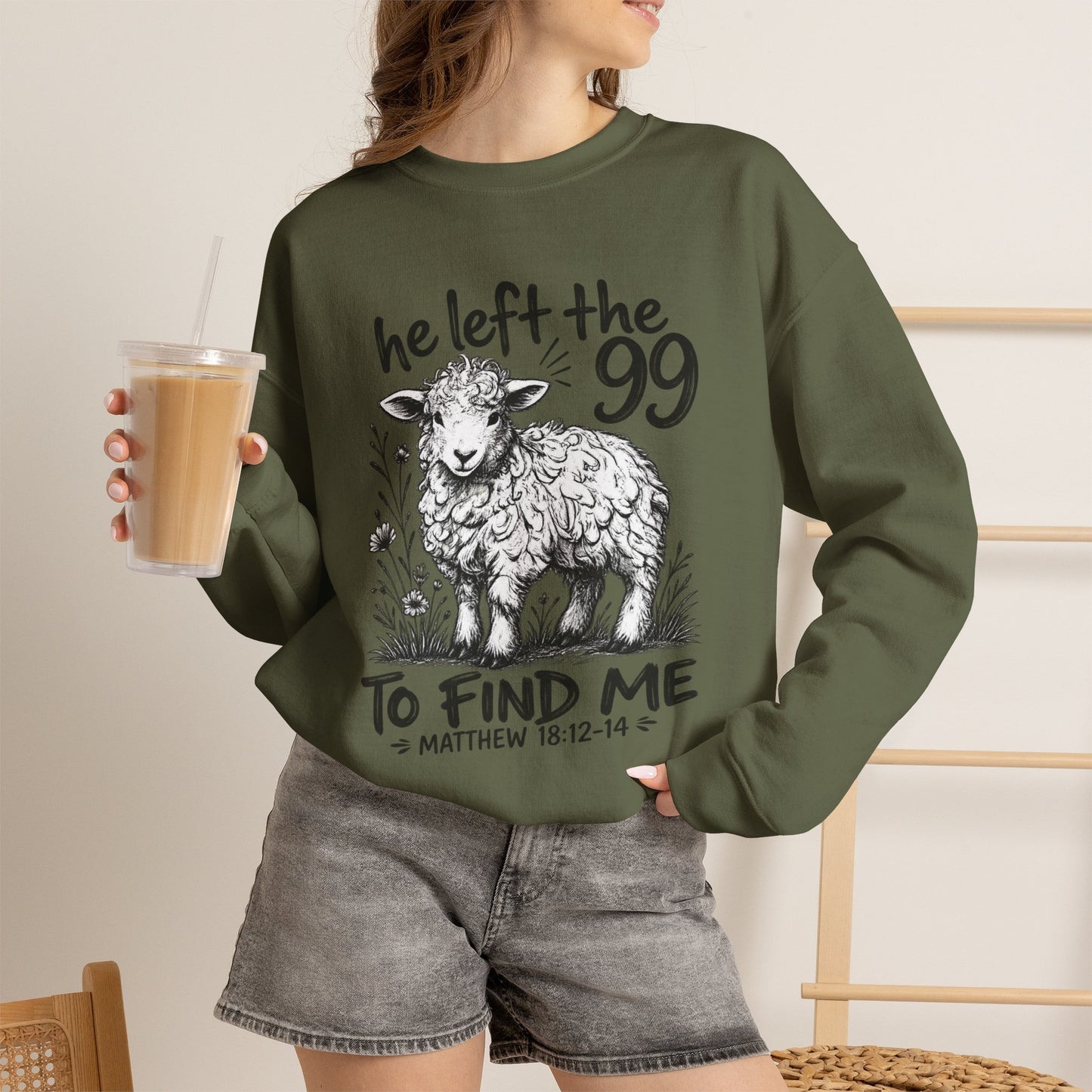 GILDAN - Christian Crewneck Sweatshirt — "He Left the 99 to Find Me" Lamb Graphic