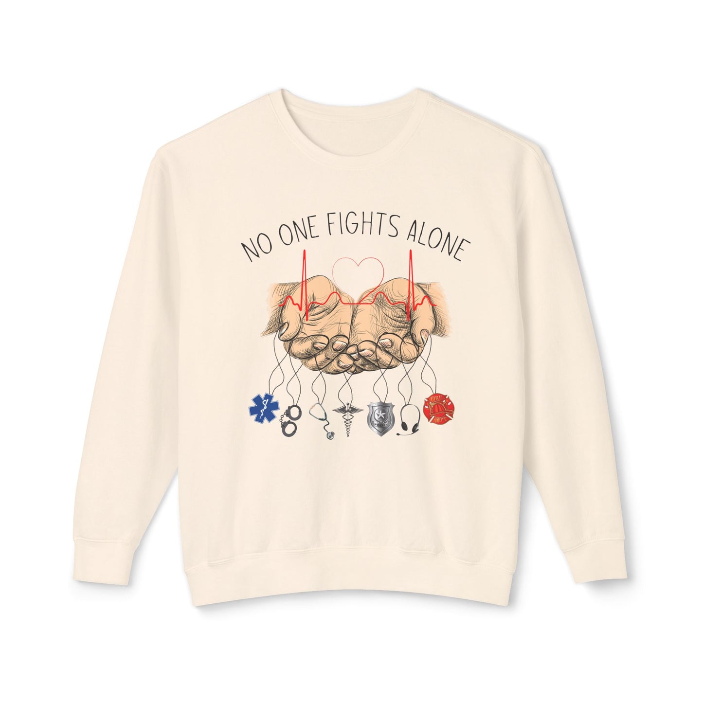 COMFORT COLORS -Crewneck Sweatshirt — "No One Fights Alone" Hands & Medical Symbols Support Pullover