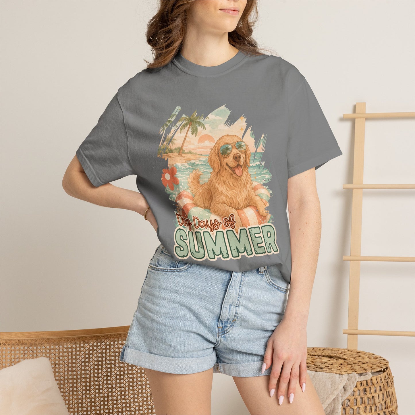 COMFORT COLORS - Dog Days of Summer T-Shirt — Retro Golden Retriever Beach Tee