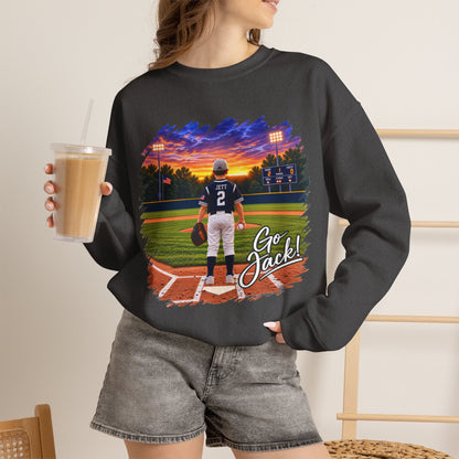 *** SPECIAL REQUEST - MORGAN JETT - GILDAN - Baseball Player Sunset Crewneck Sweatshirt — "Go Jack!" Team Spirit Crew