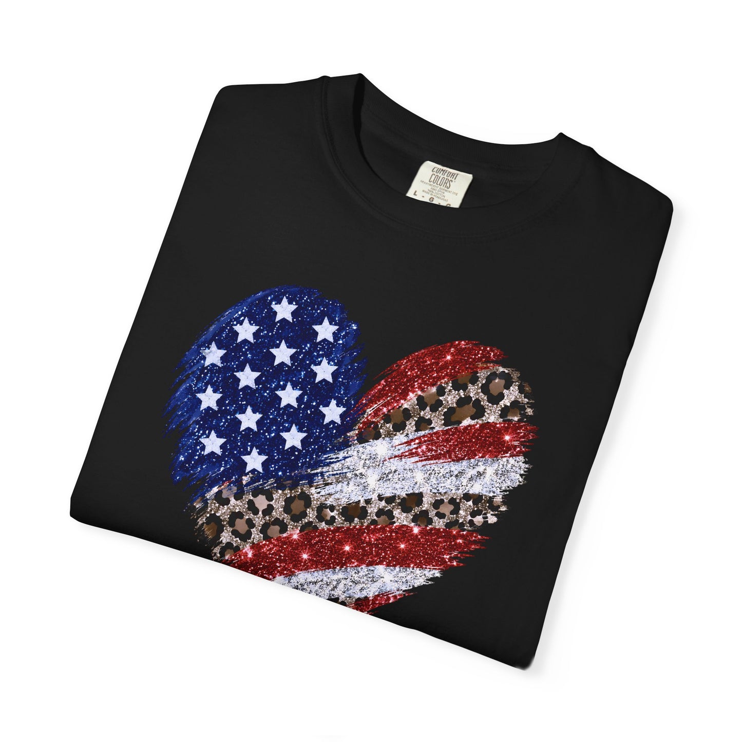 COMFORT COLORS - Patriotic Leopard Flag Heart T-Shirt — American Flag Heart Graphic Tee