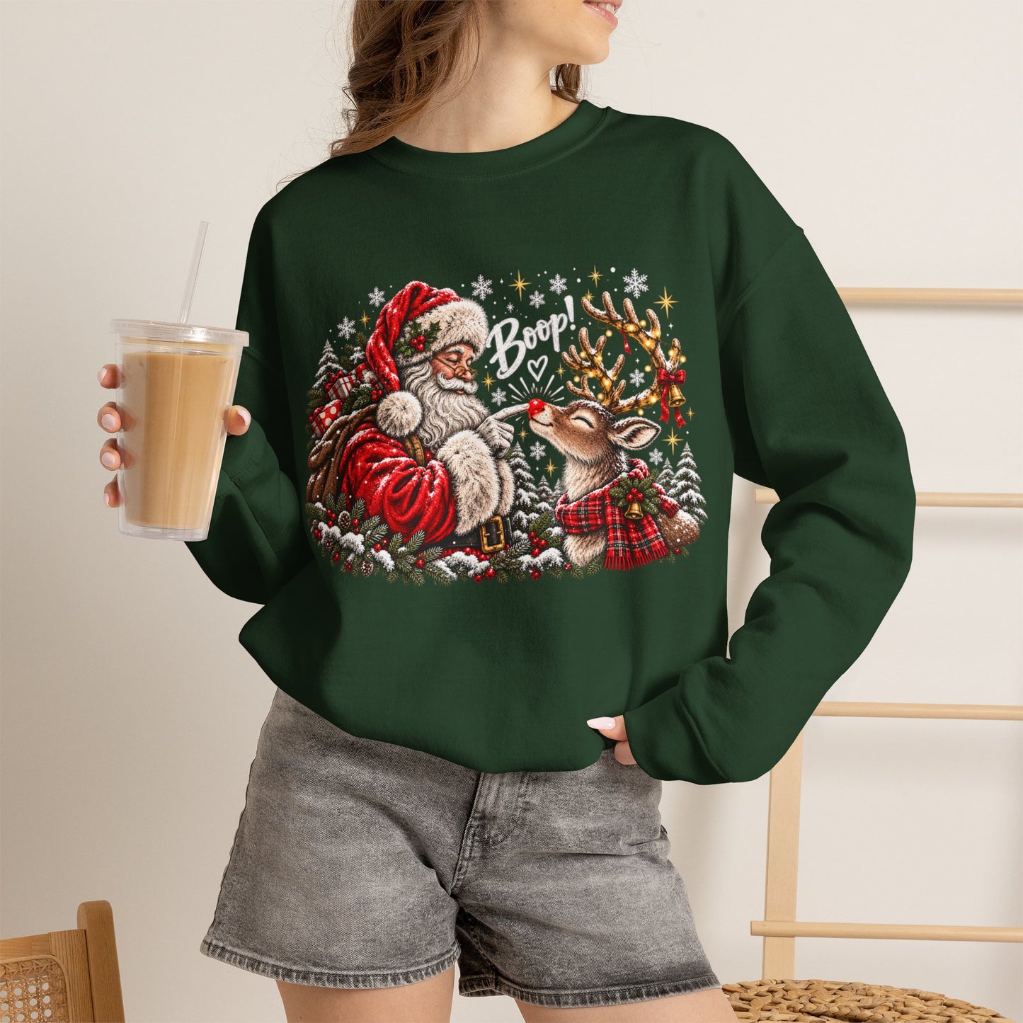 GILDAN - Christmas Santa and Reindeer Crewneck Sweatshirt