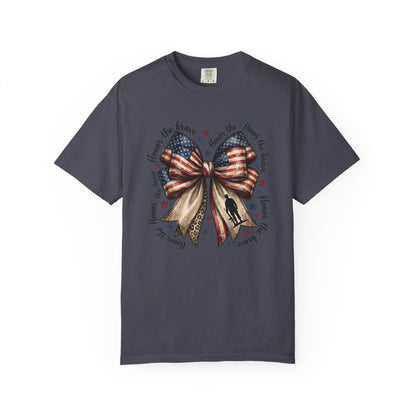 COMFORT COLORS - Patriotic American Flag Bow T-Shirt — "Home of the Brave" Fourth of July Tee