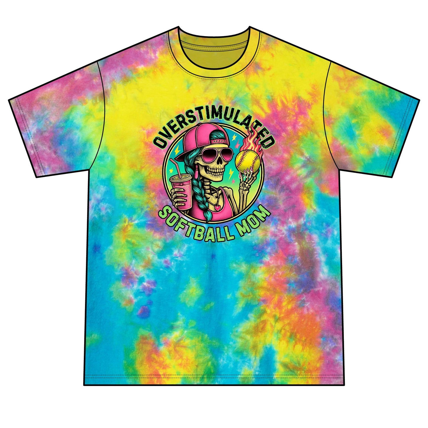 Overstimulated Softball Mom Tie-Dye Tee — Neon Crystal Green