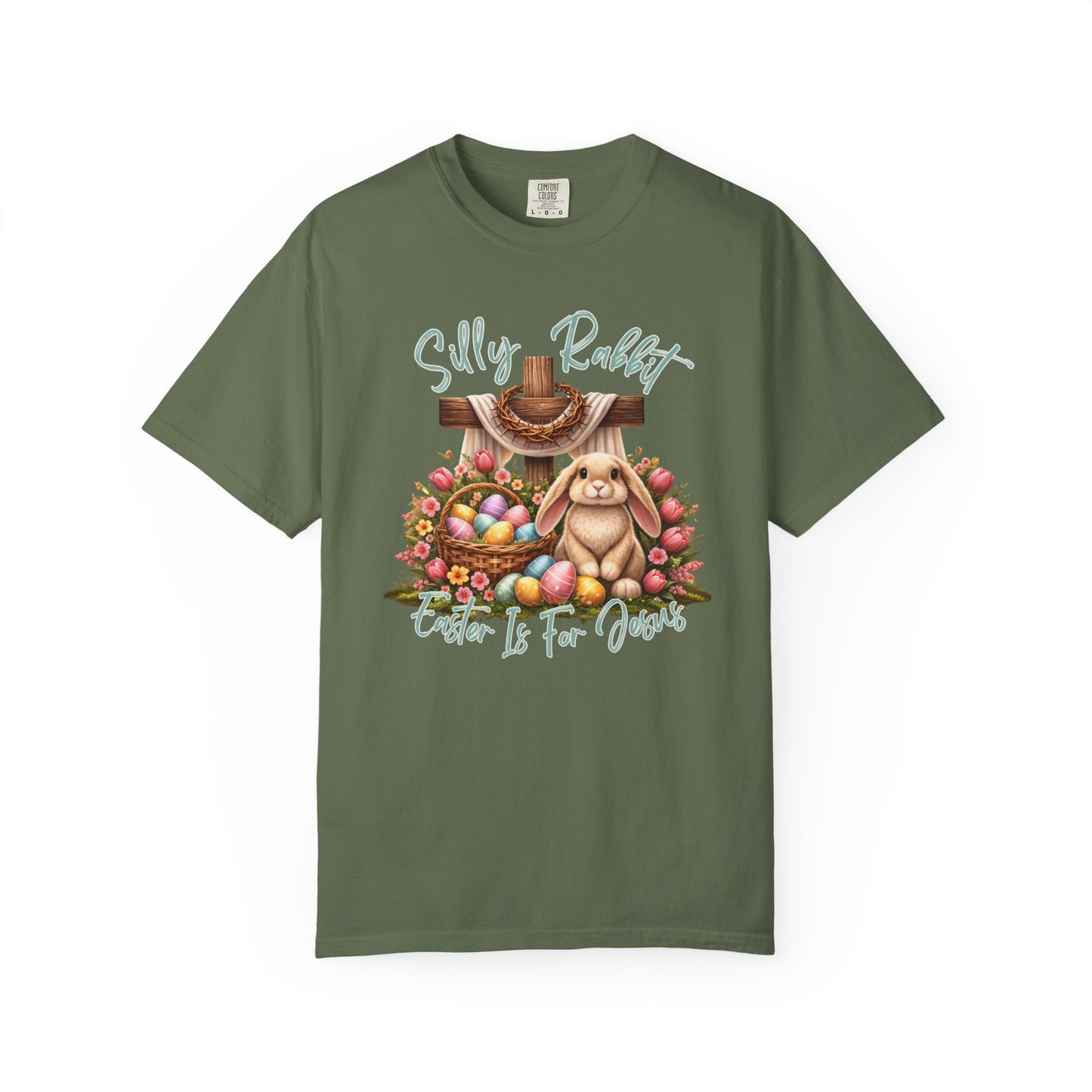 COMFORT COLORS -  Silly Rabbit Easter Bunny T-shirt | Pastel Eggs, Basket, Cross Back Print