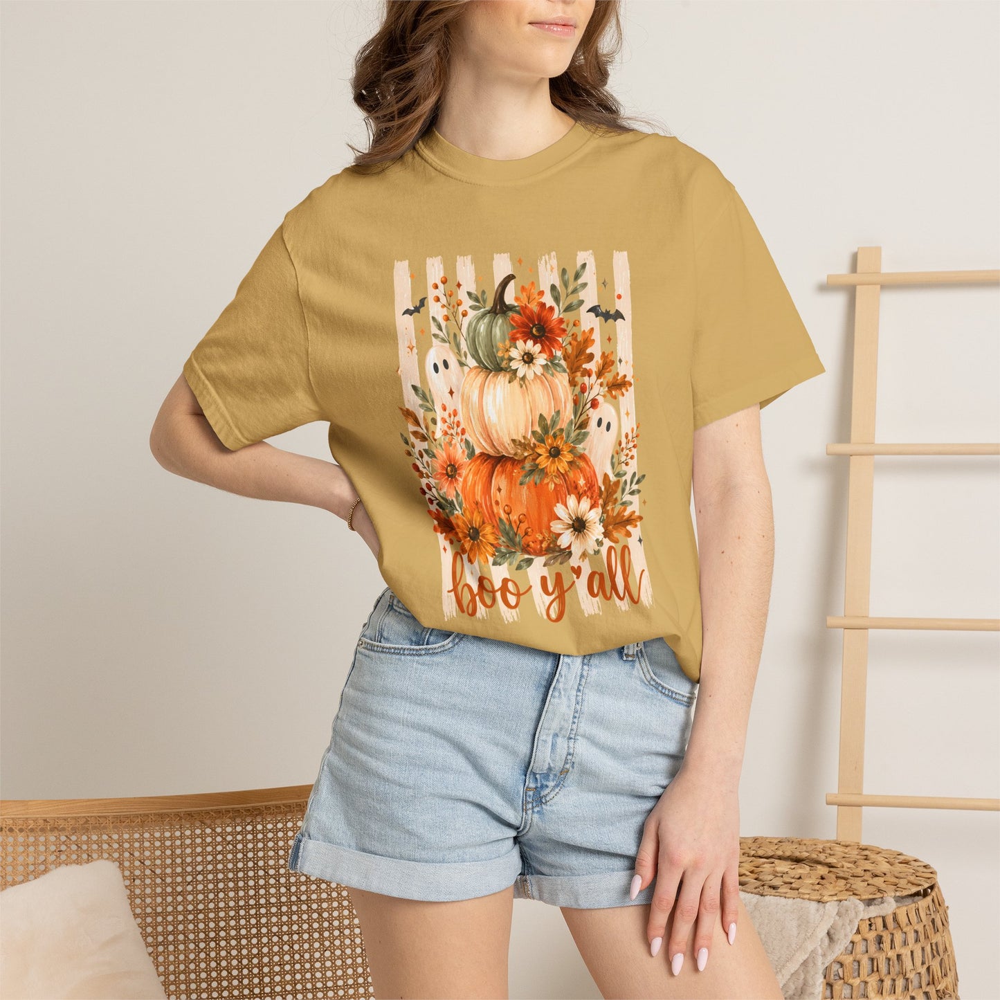 COMFORT COLORS - Pumpkin Stack 'Boo Y'all' Fall T-Shirt — Autumn Floral Halloween Tee