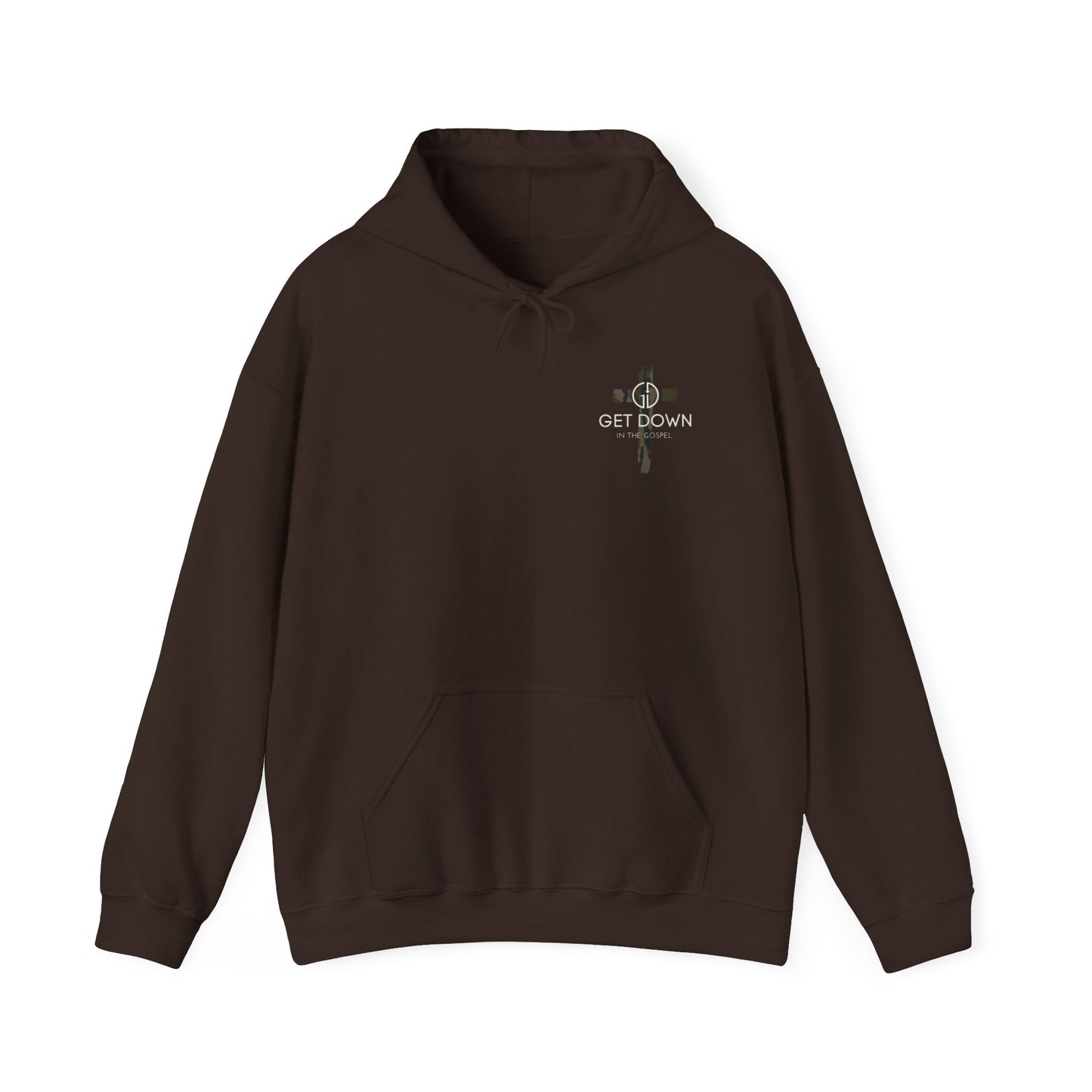 GET DOWN IN THE GOSPEL ADULT HOODIE GREEN CAMO CROSS