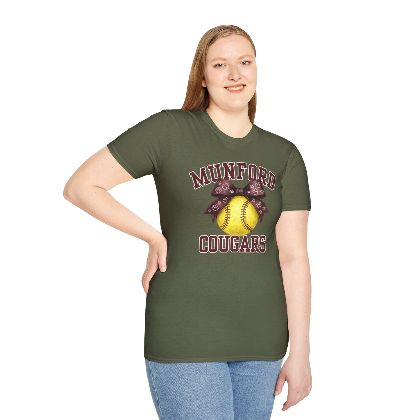 Munford Cougars Softball T-Shirt — Yellow Ball & Bow Team Tee