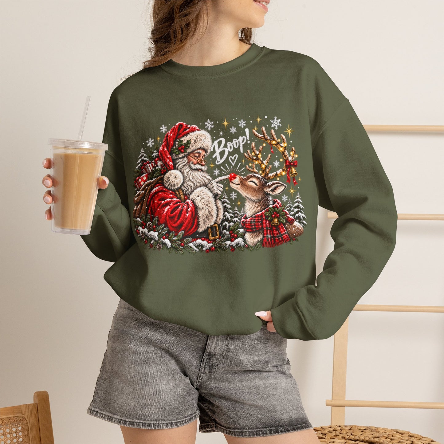 GILDAN - Christmas Santa and Reindeer Crewneck Sweatshirt