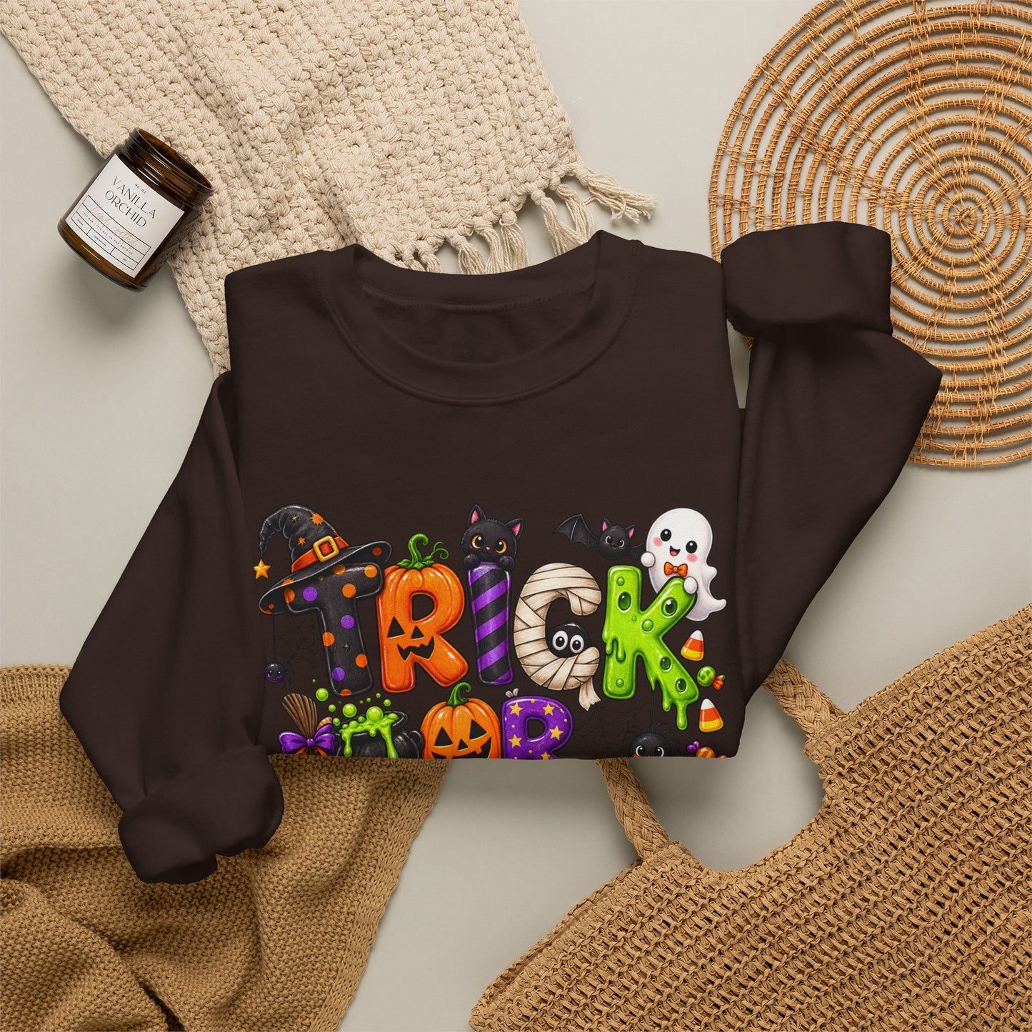 GILDAN - Halloween "Trick or Treat" Crewneck Sweatshirt - Cute Spooky Candy Graphic