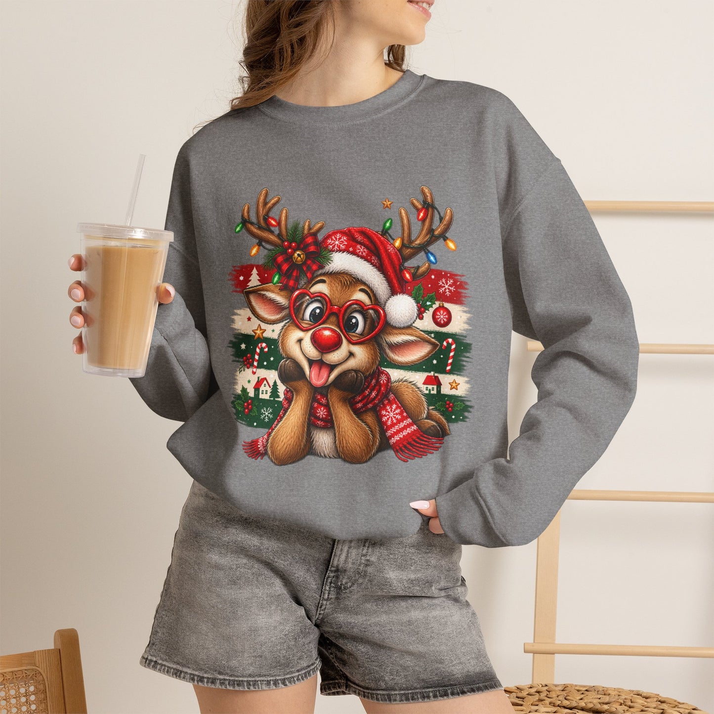 GILDAN - Cute Christmas Reindeer Crewneck Sweatshirt