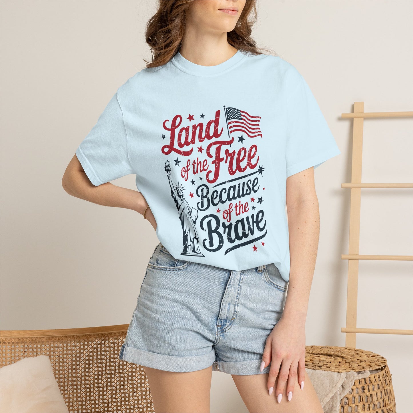 COMFORT COLORS - Land of the Free Because of the Brave T-Shirt — Patriotic Statue of Liberty Graphic Tee