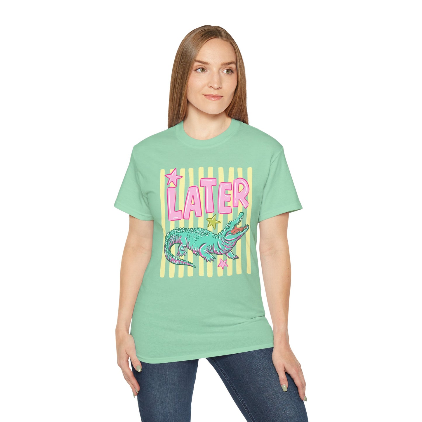 Later Alligator T‑Shirt — Retro Pink & Teal Gator Graphic Tee