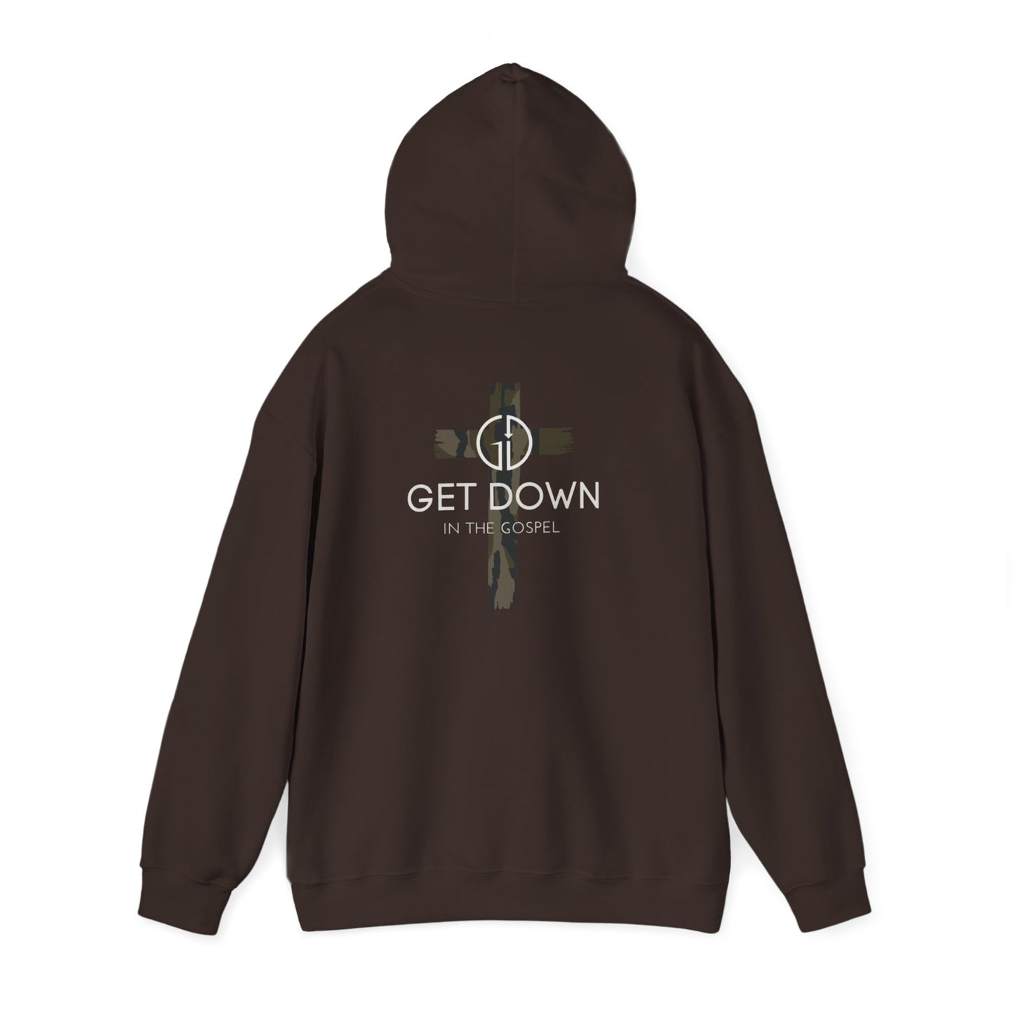 GET DOWN IN THE GOSPEL ADULT HOODIE GREEN CAMO CROSS