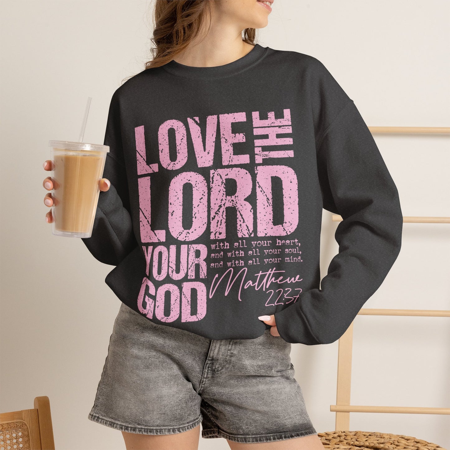 GILDAN - Christian Crewneck Sweatshirt — "Love the Lord Your God" Pink Scripture Graphic