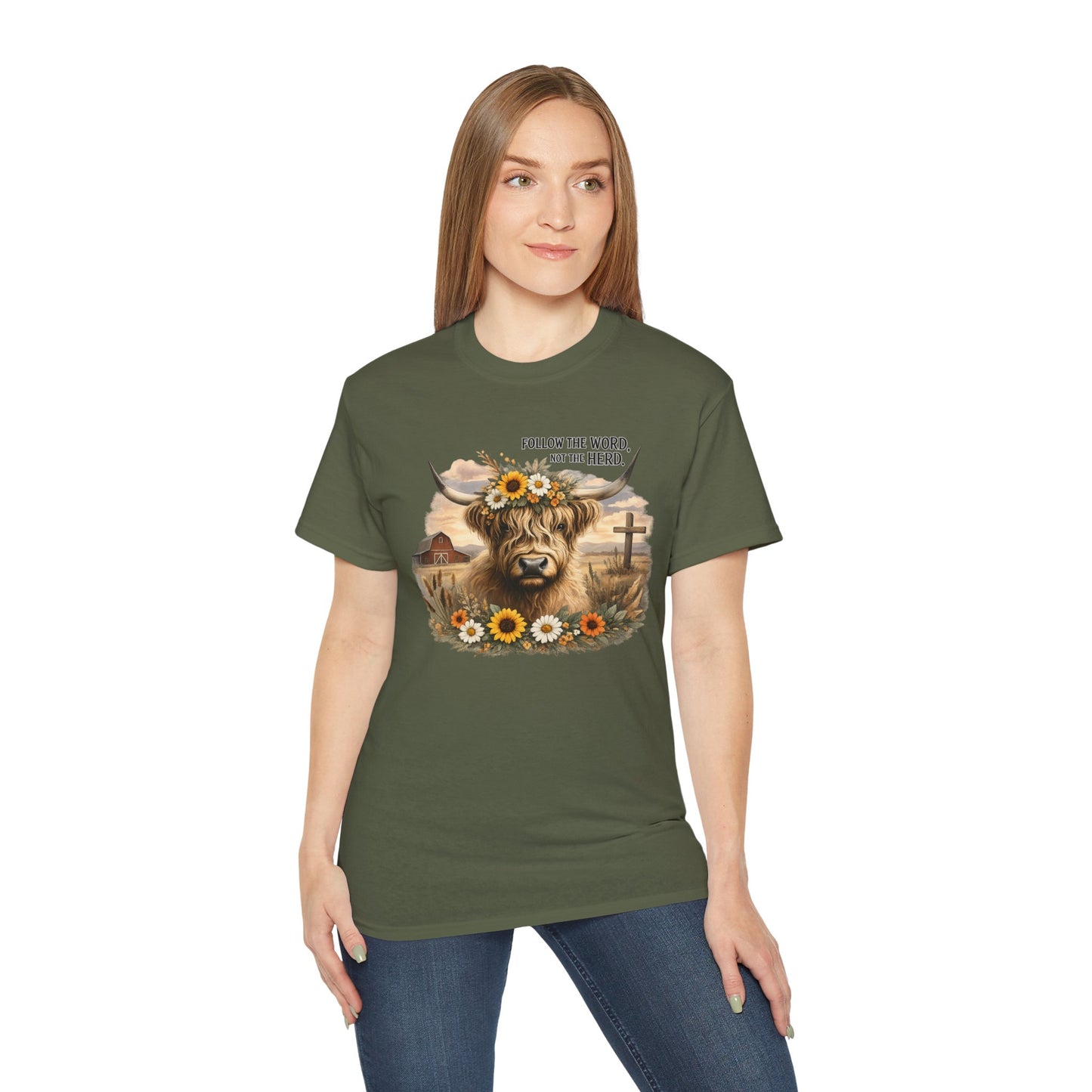 Cow Floral Tee — "Follow the Word, Not the Herd" Graphic T-Shirt