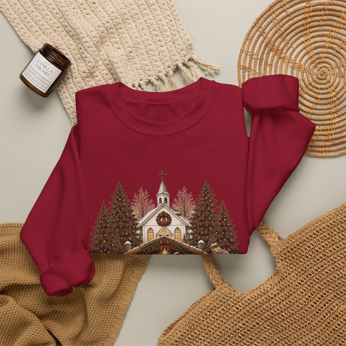 GILDAN - Nativity Scene Crewneck Sweatshirt - "Come Let Us Adore Him" Christmas Pullover