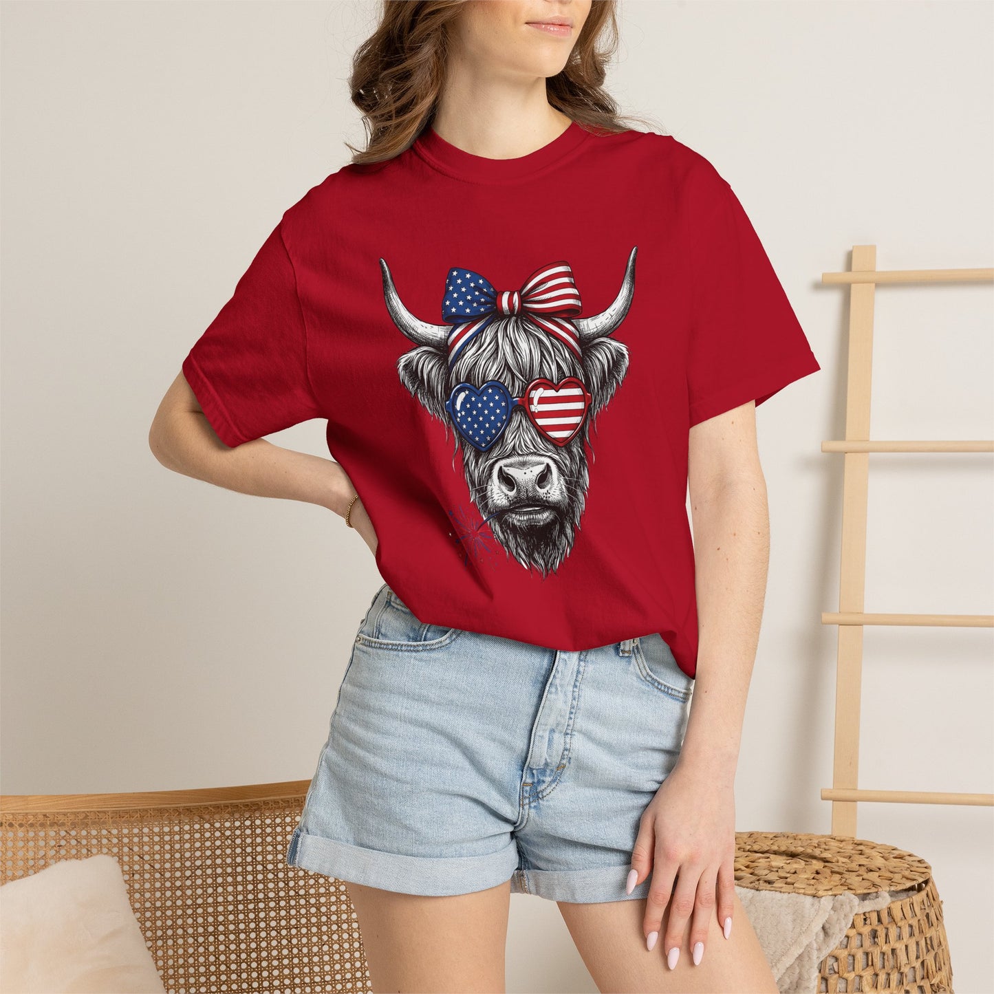 COMFORT COLORS - Patriotic Highland Cow T-Shirt — American Flag Heart Sunglasses