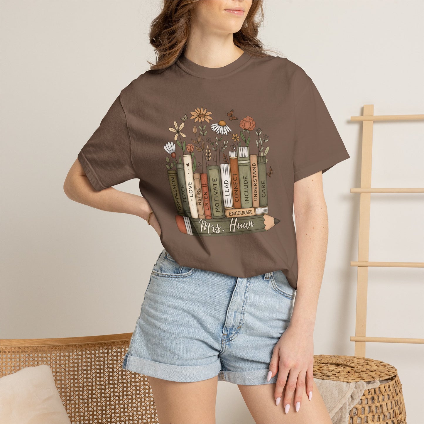 COMFORT COLORS - *** WANT TO PERSONALIZE THIS ?" - DO NOT ORDER THIS, PLEASE EMAIL ME @REFININGFAITHCOMPANY@GMAIL.COM*** Teacher Bookshelf T-Shirt – Personalized “Mrs. Hayes” Pencil & Floral Reading...