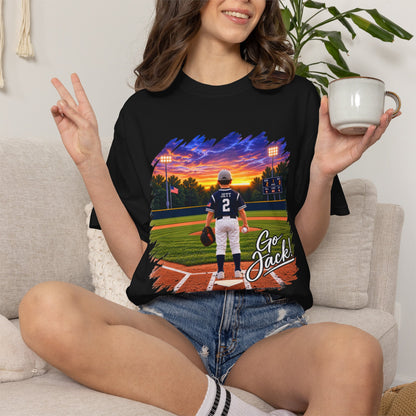 *** SPECIAL REQUESTS - MORGAN JETT - COMFORT COLORS - Baseball Player Sunset T-Shirt — "Go Jack" Personalized Team Tee