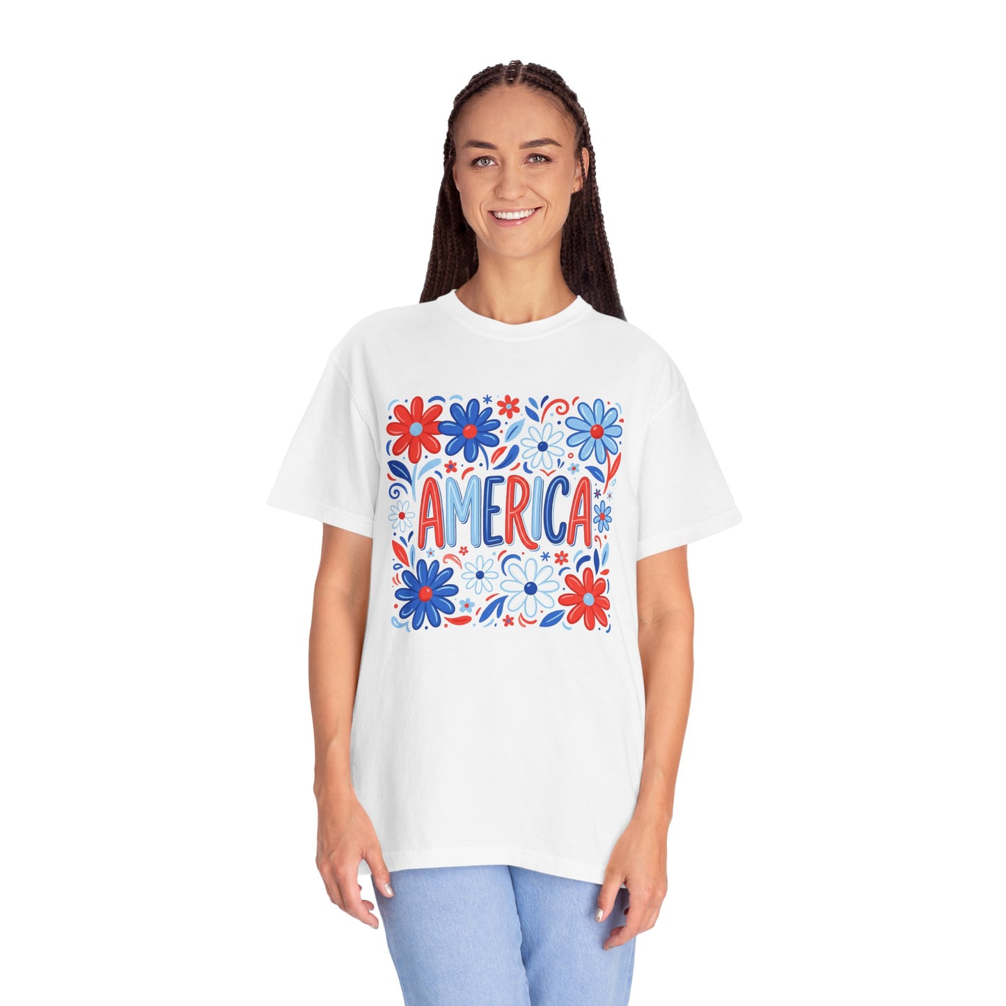 COMFORT COLORS - America Floral T-Shirt — Red, White & Blue Patriotic Tee